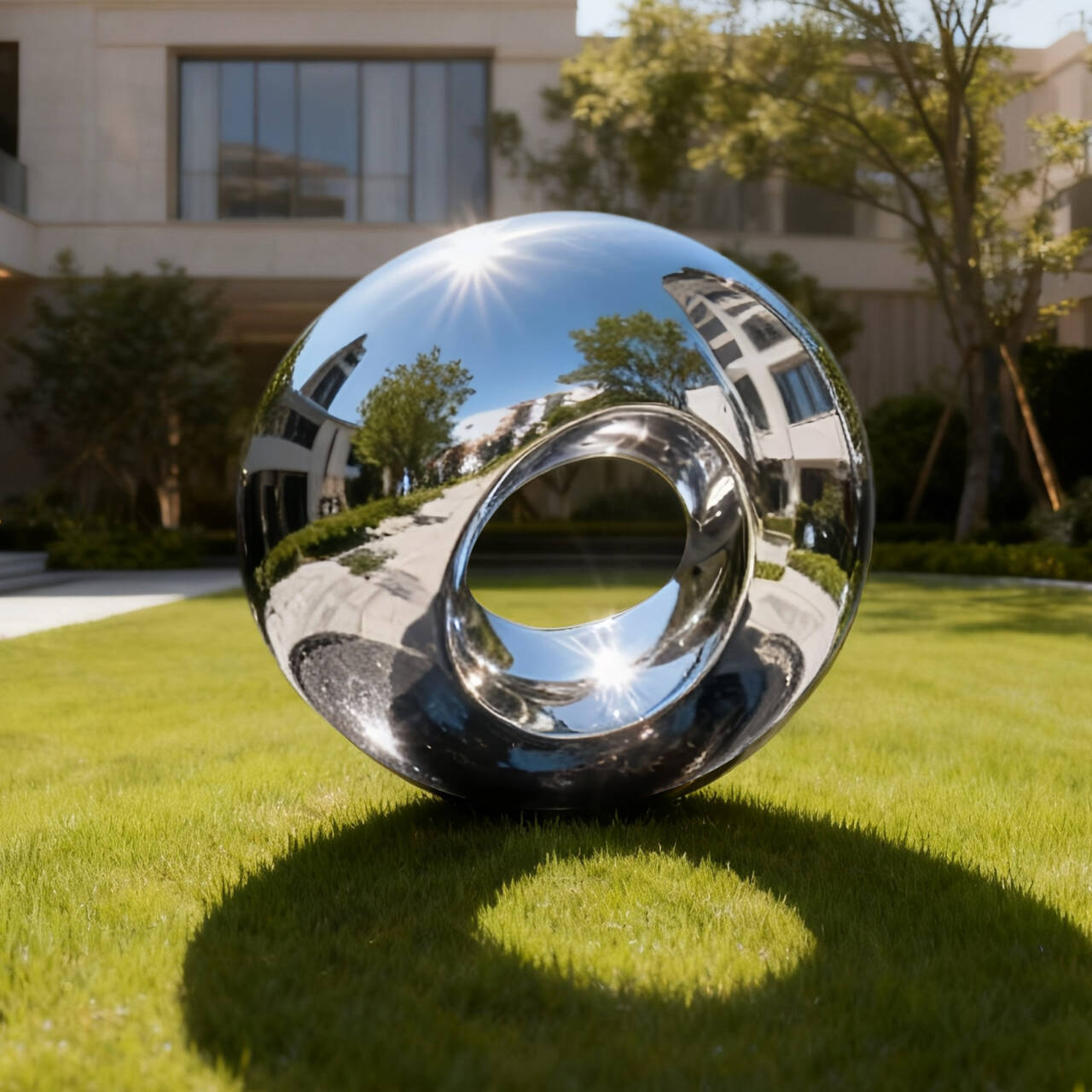 Reflective metal sculpture on grass with building and trees in the background