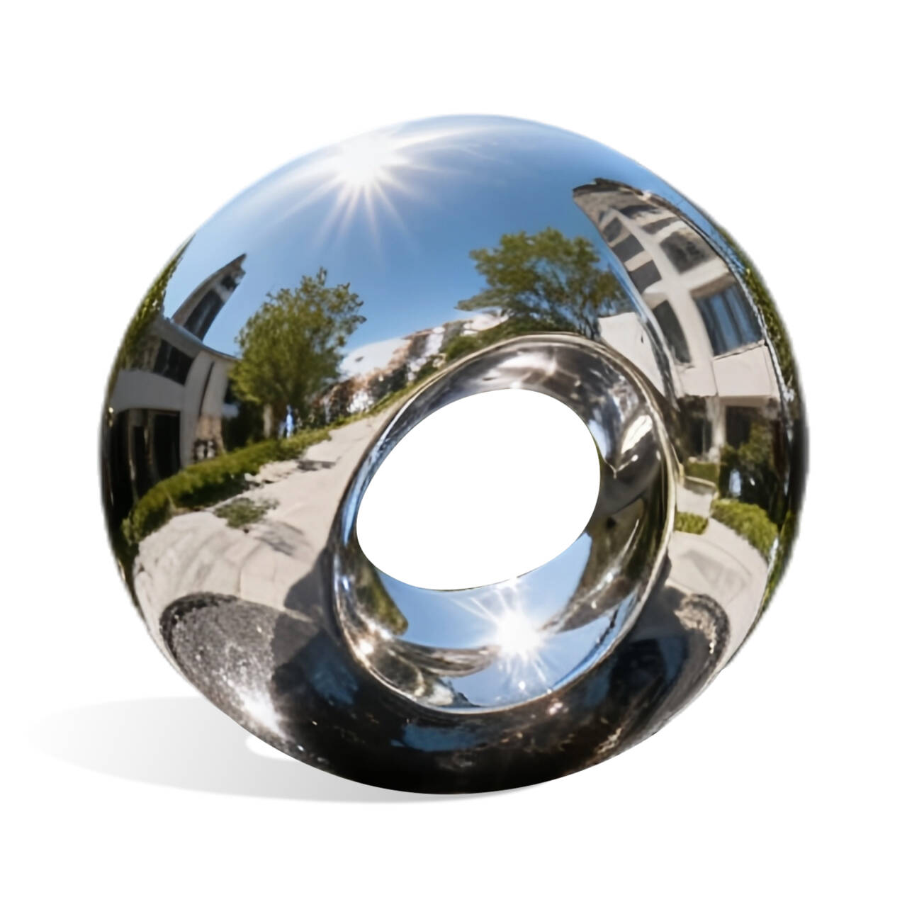 Reflective silver sphere with a house and trees reflected on its surface