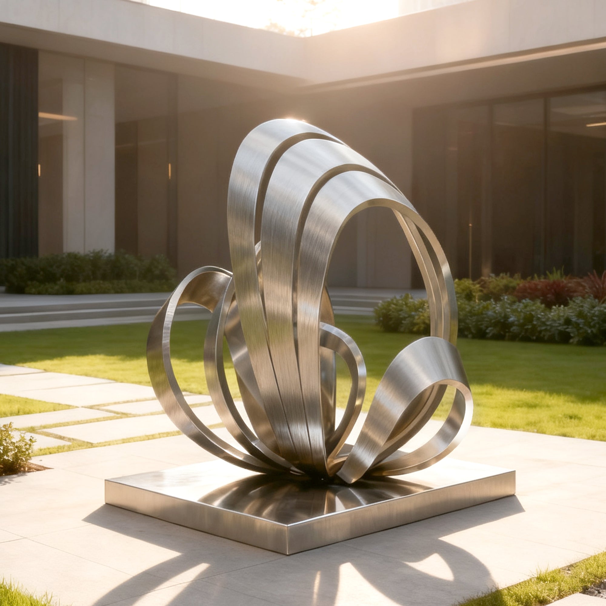 Modern metal sculpture in a garden setting with a building in the background