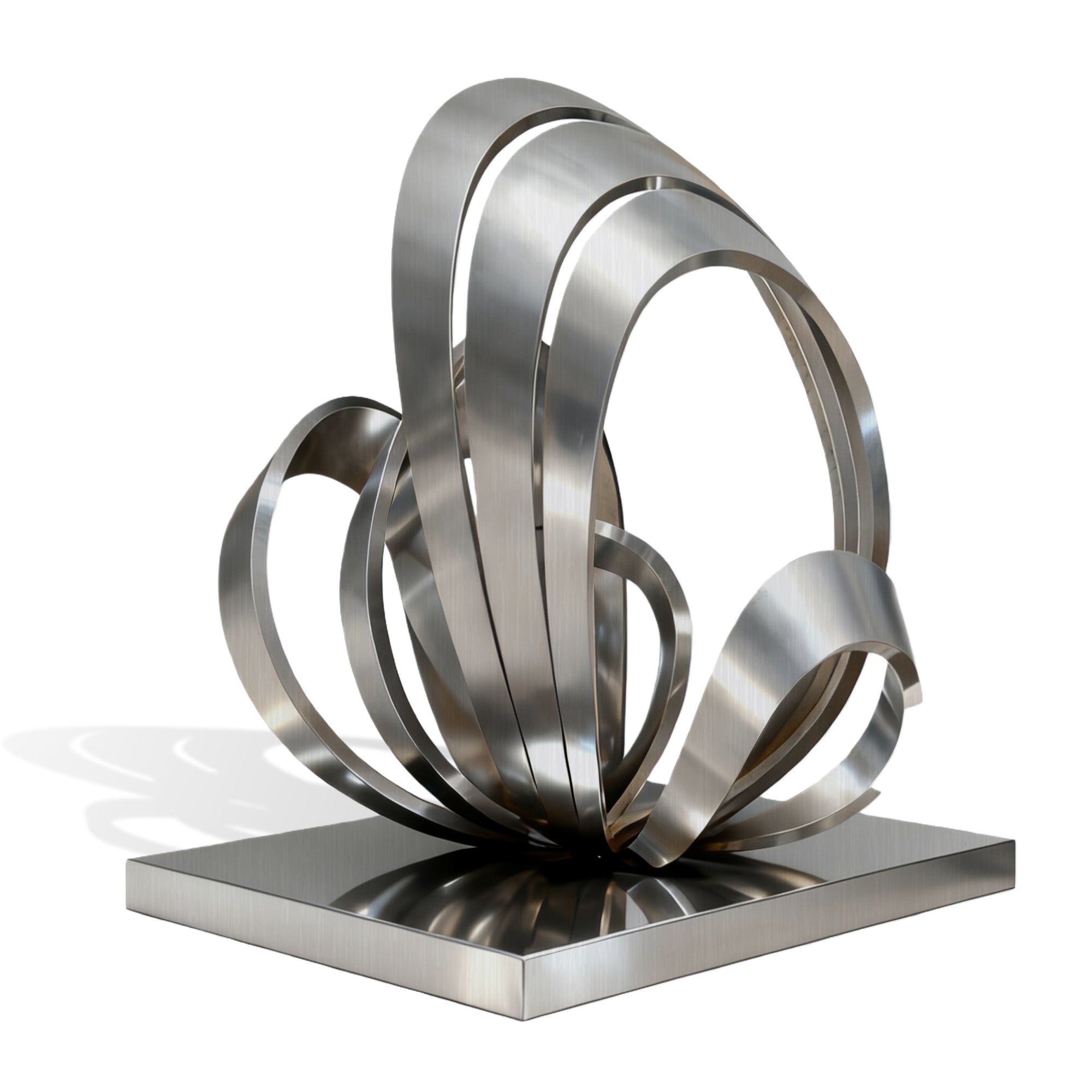 stainless steel sculpture with interlocking rings on a white background