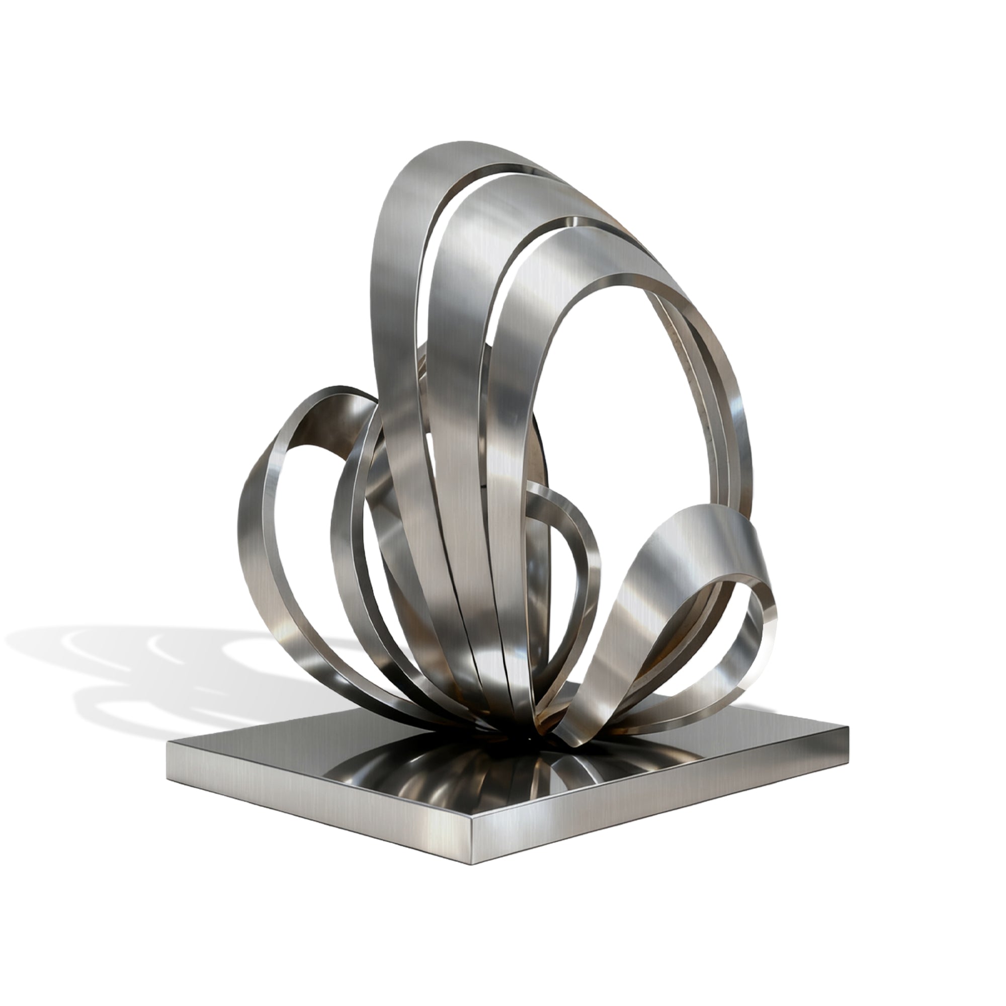 stainless steel sculpture with interlocking rings on a white background