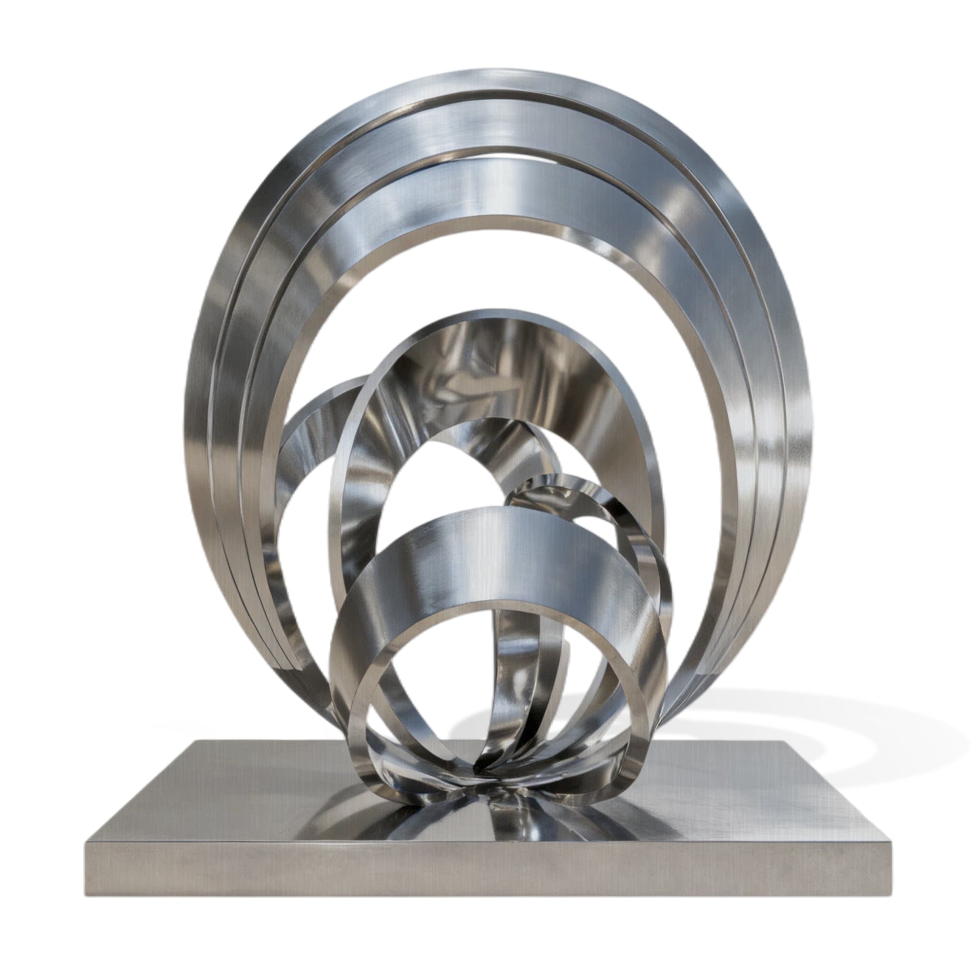 stainless steel sculpture with interlocking rings on a white background