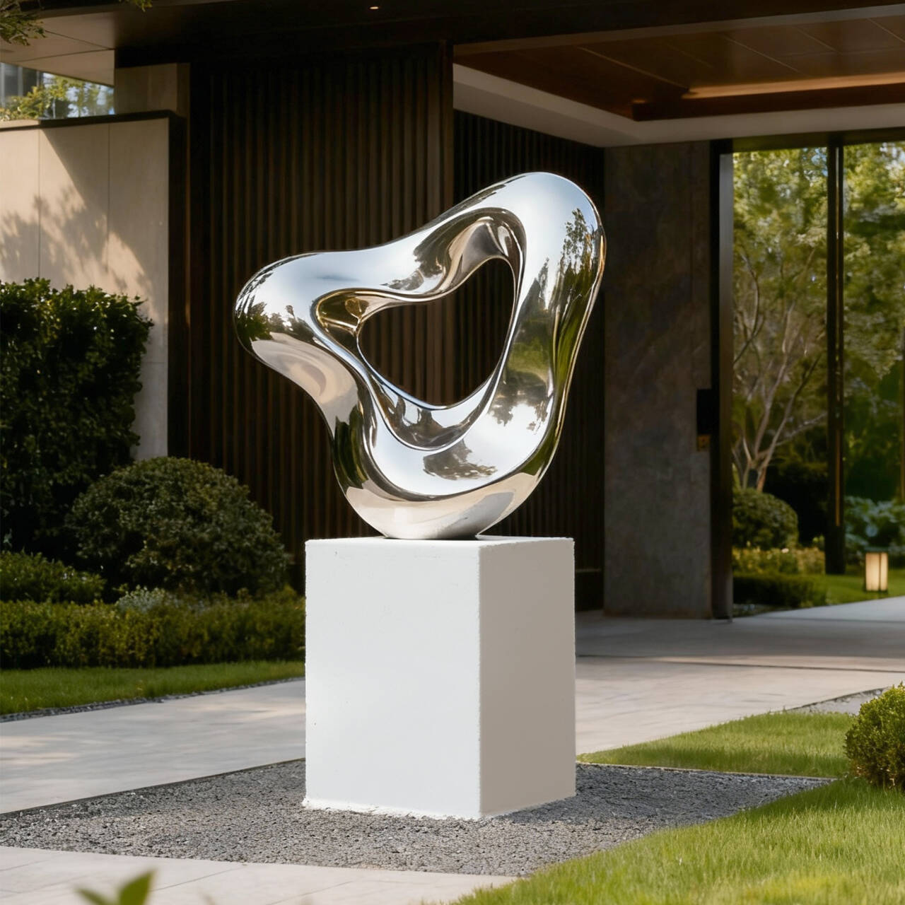 Modern stainless steel sculpture on a pedestal in front of a house