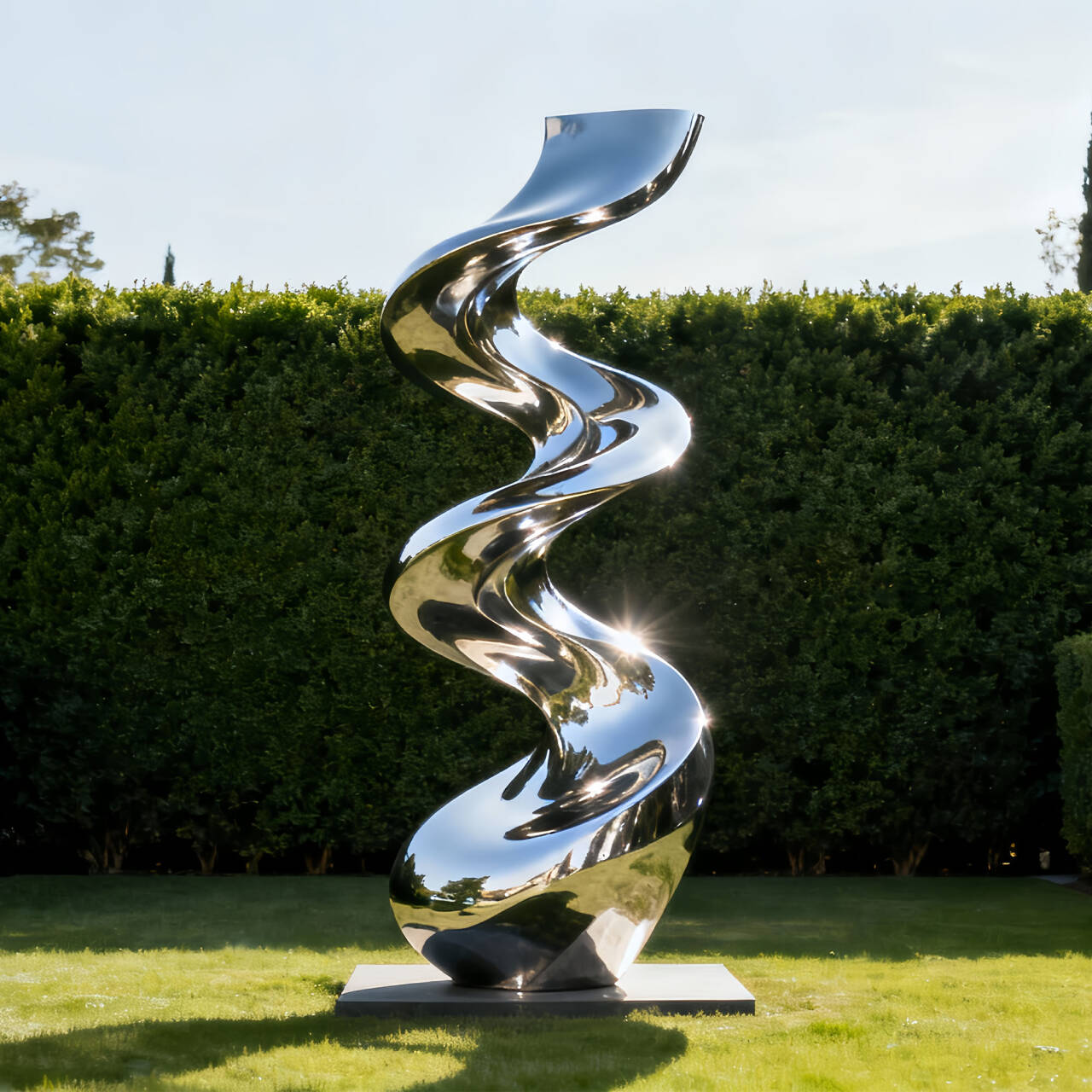 Spiral metal sculpture in a garden setting with greenery