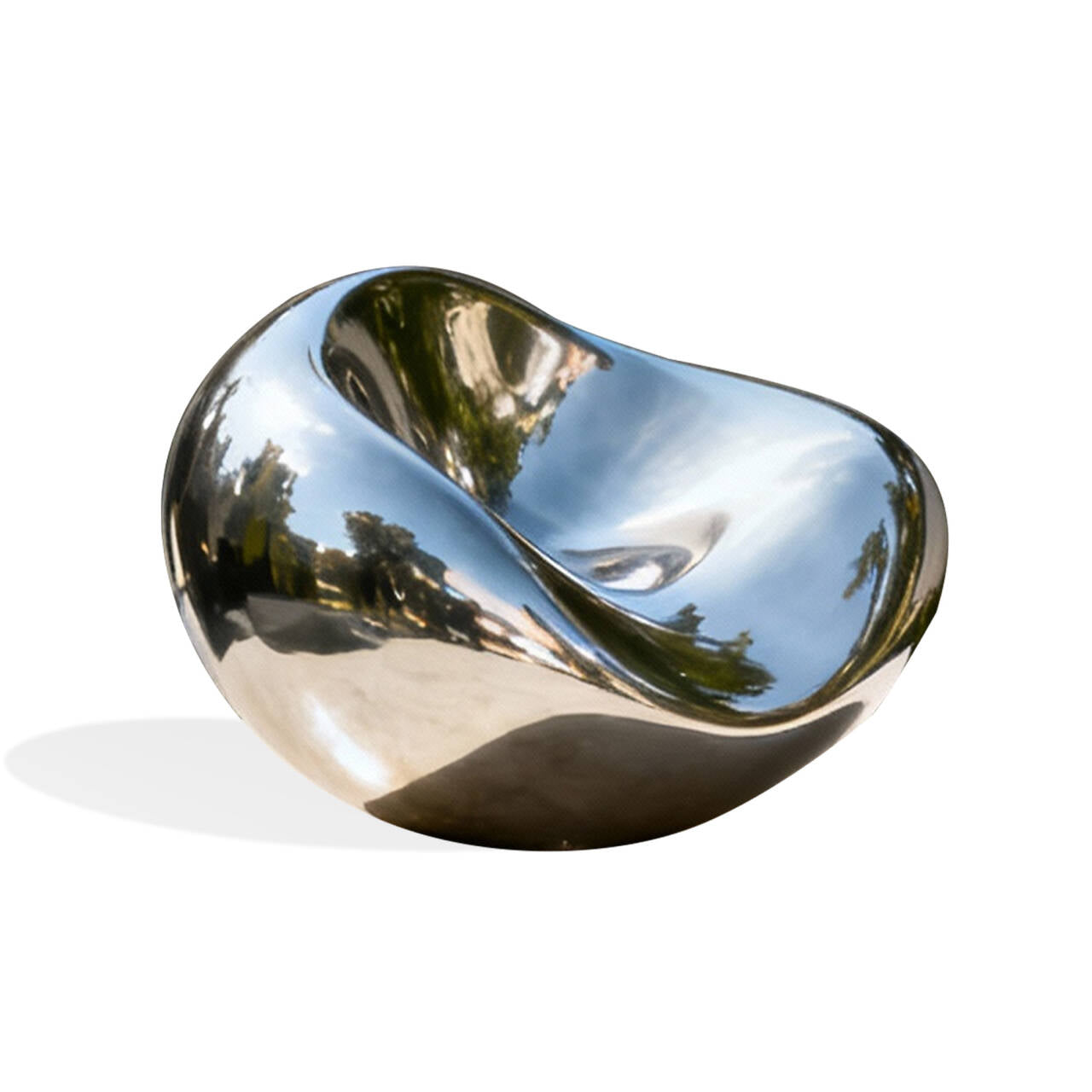 stainless steel sculpture with a reflective surface on a white background