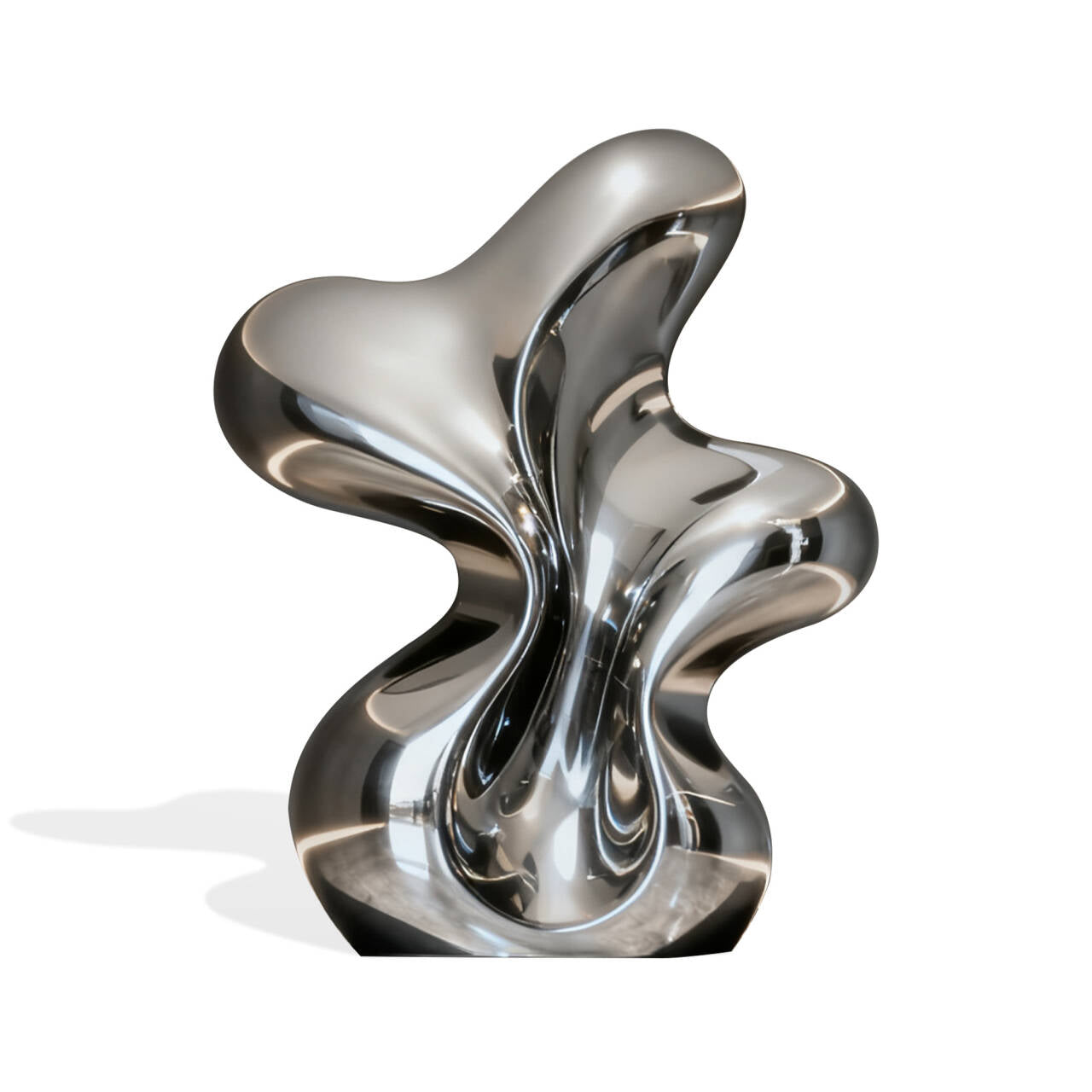 Mirror polished stainless steel abstract sculpture named “Cosmic Bloom”, featuring smooth organic curves and fluid design, modern metal art piece for indoor or outdoor display.