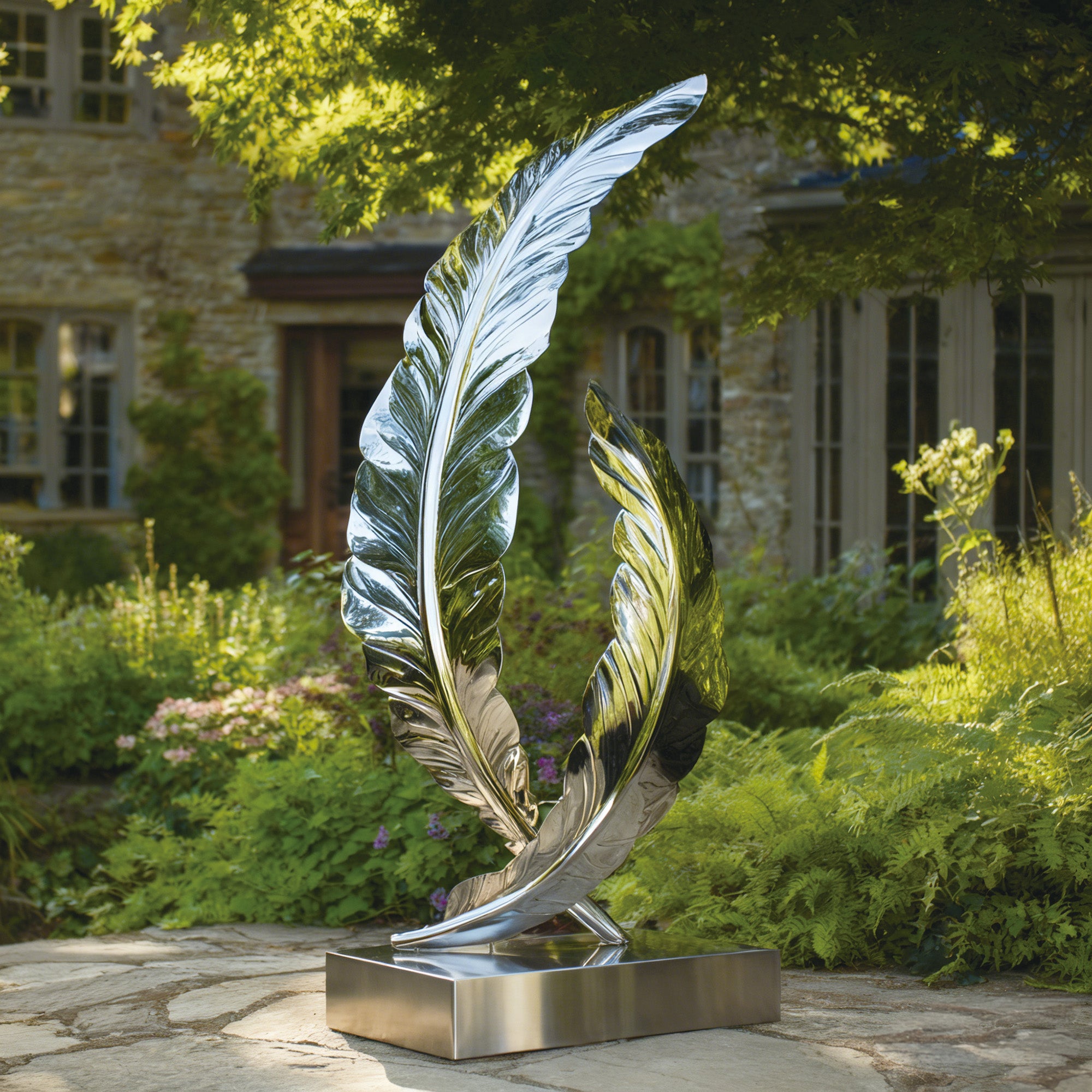 Mirror polished stainless steel feather sculpture “Skyborne Feathers” installed in a lush modern garden, decorative outdoor metal artwork reflecting light and nature for upscale exterior spaces.