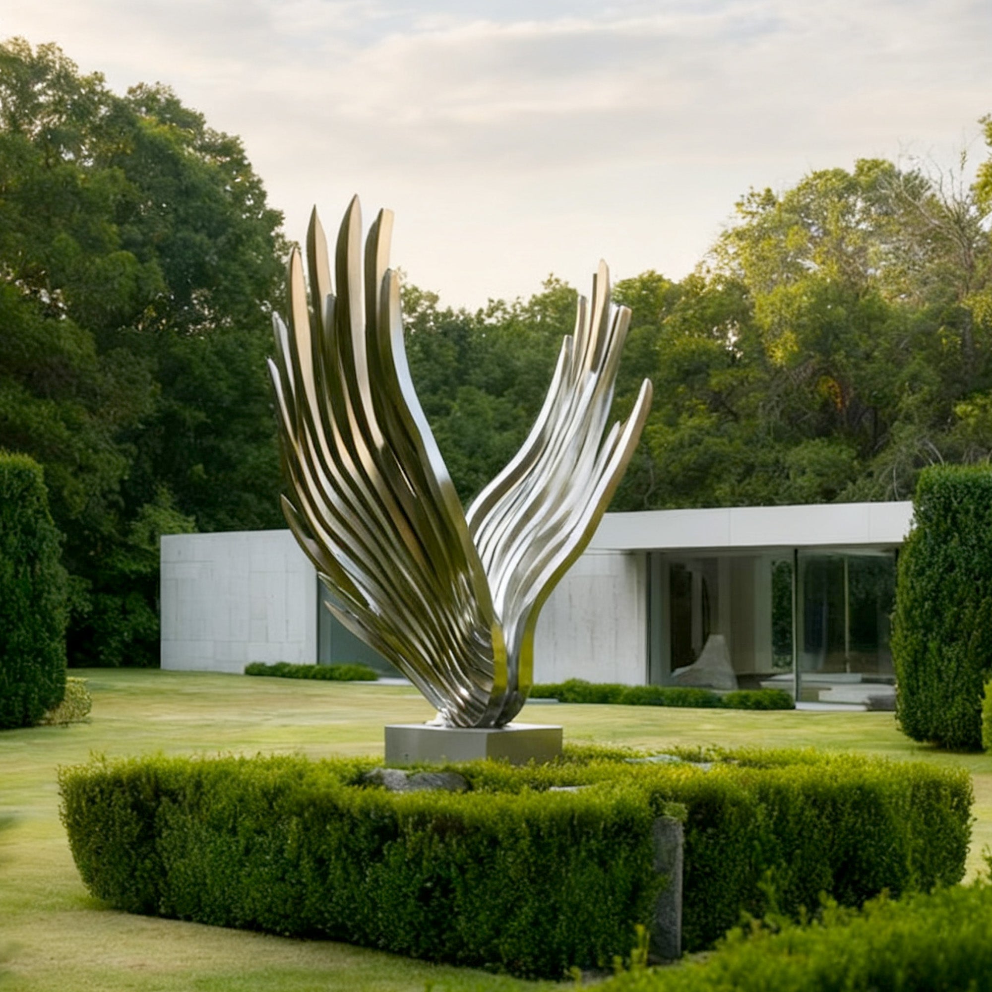 Large stainless steel wing sculpture as outdoor modern art centerpiece, ideal for villa gardens, courtyards, and landscape installations.