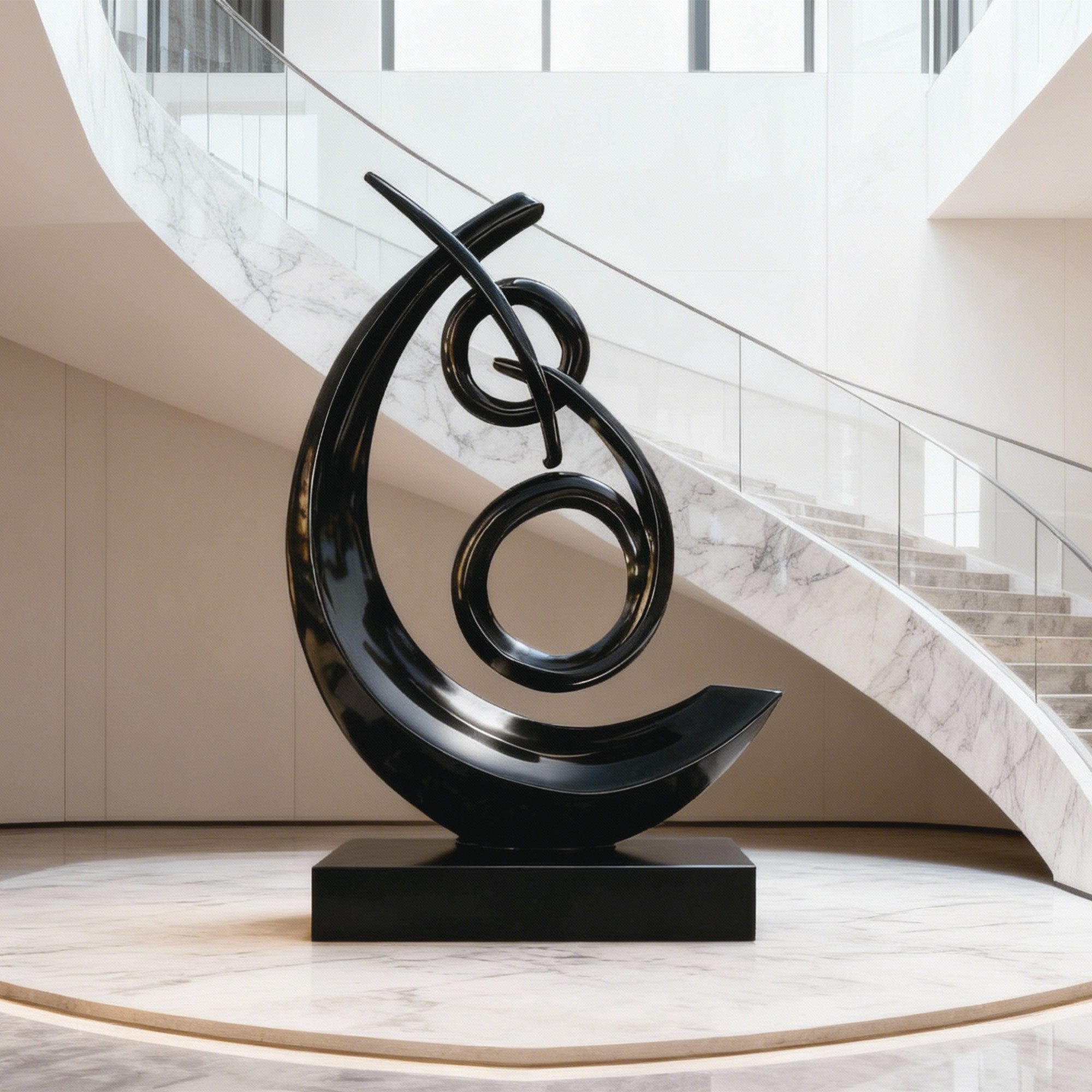 Modern abstract stainless steel sculpture with glossy black finish displayed in a luxury hotel lobby, elegant statement art for architectural interiors.