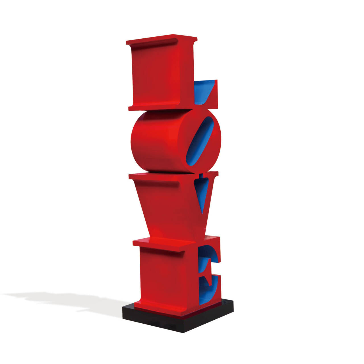 Side angle view of the red and blue LOVE metal sculpture showing bold geometric design, perfect for outdoor modern art display and garden decor.