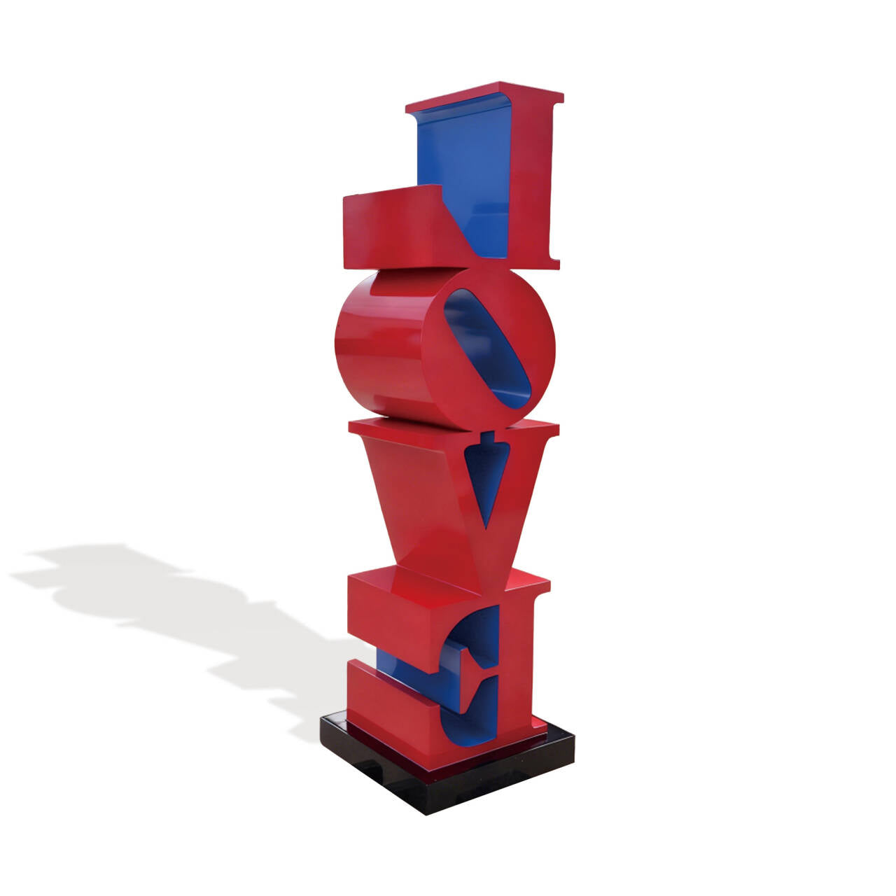 Painted metal LOVE sculpture in glossy red with blue interior, artistic modern design ideal for outdoor spaces, gardens, and plaza decoration.