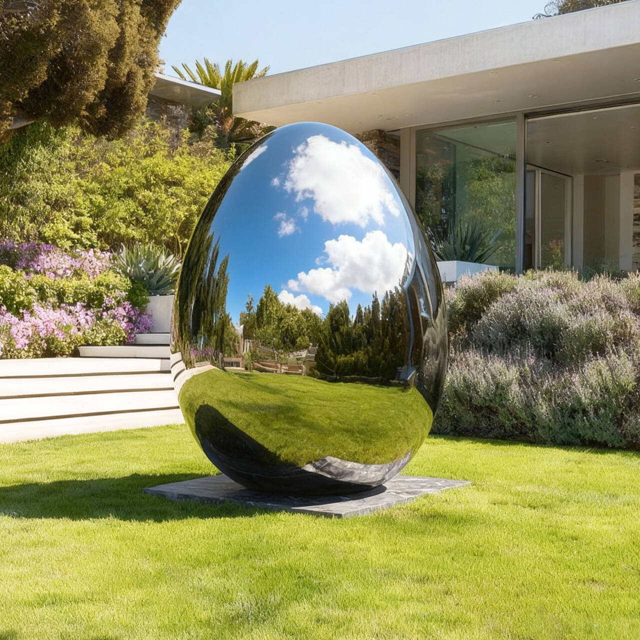 Contemporary stainless steel sculpture shaped like a reflective egg, placed in a landscaped courtyard with green lawn and flowers.