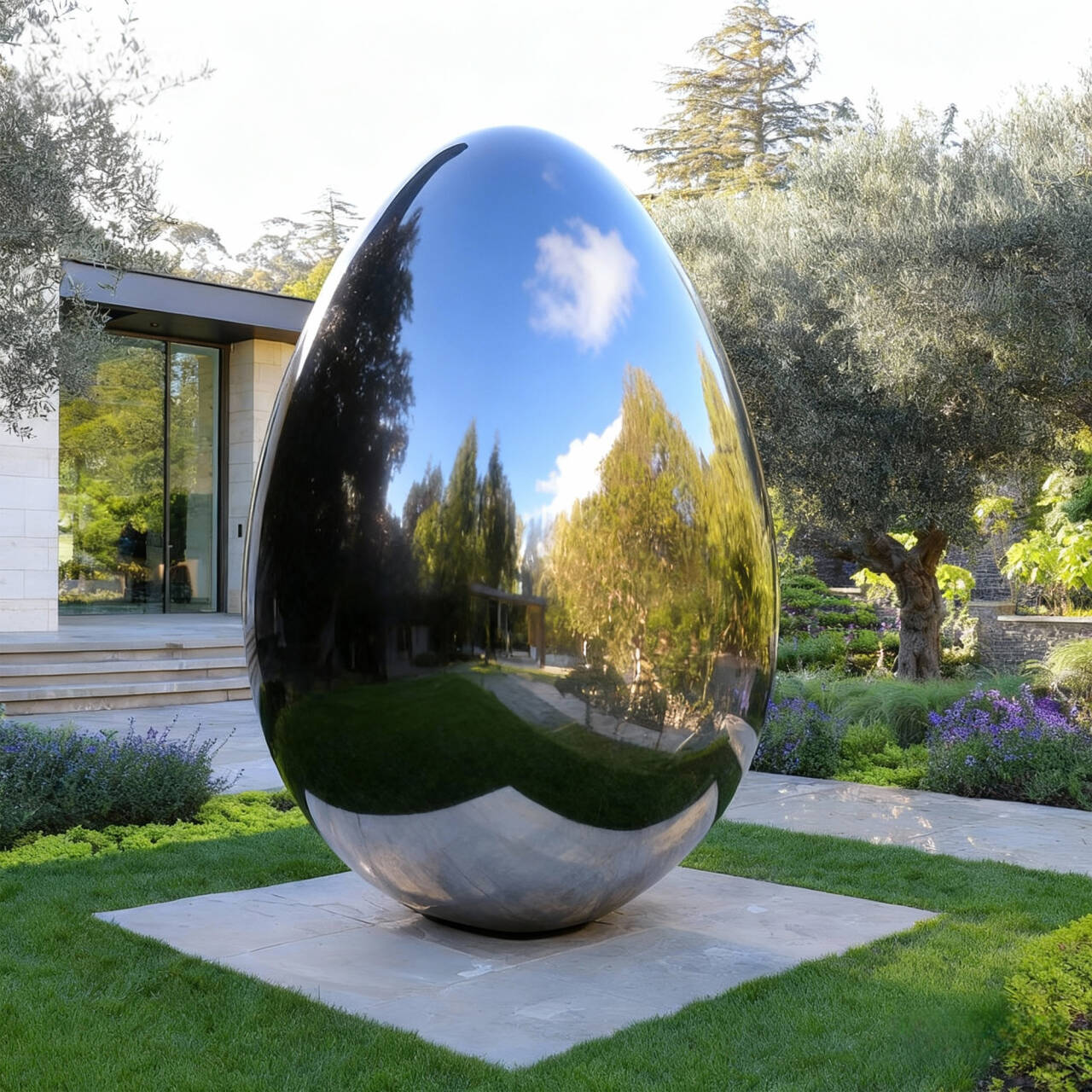 Mirror polished stainless steel sculpture reflecting trees and sky in a modern villa garden, contemporary outdoor metal art decoration.
