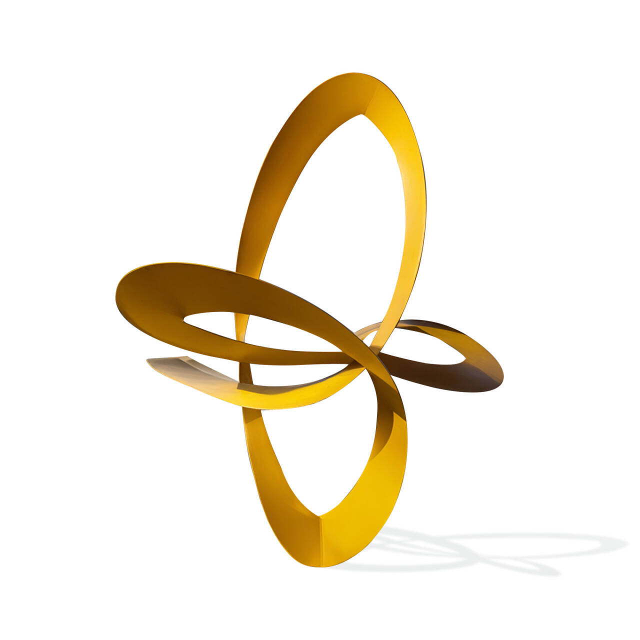 Modern yellow abstract stainless steel sculpture featuring intersecting curved rings on white background, minimalist outdoor metal art for garden and courtyard decoration.