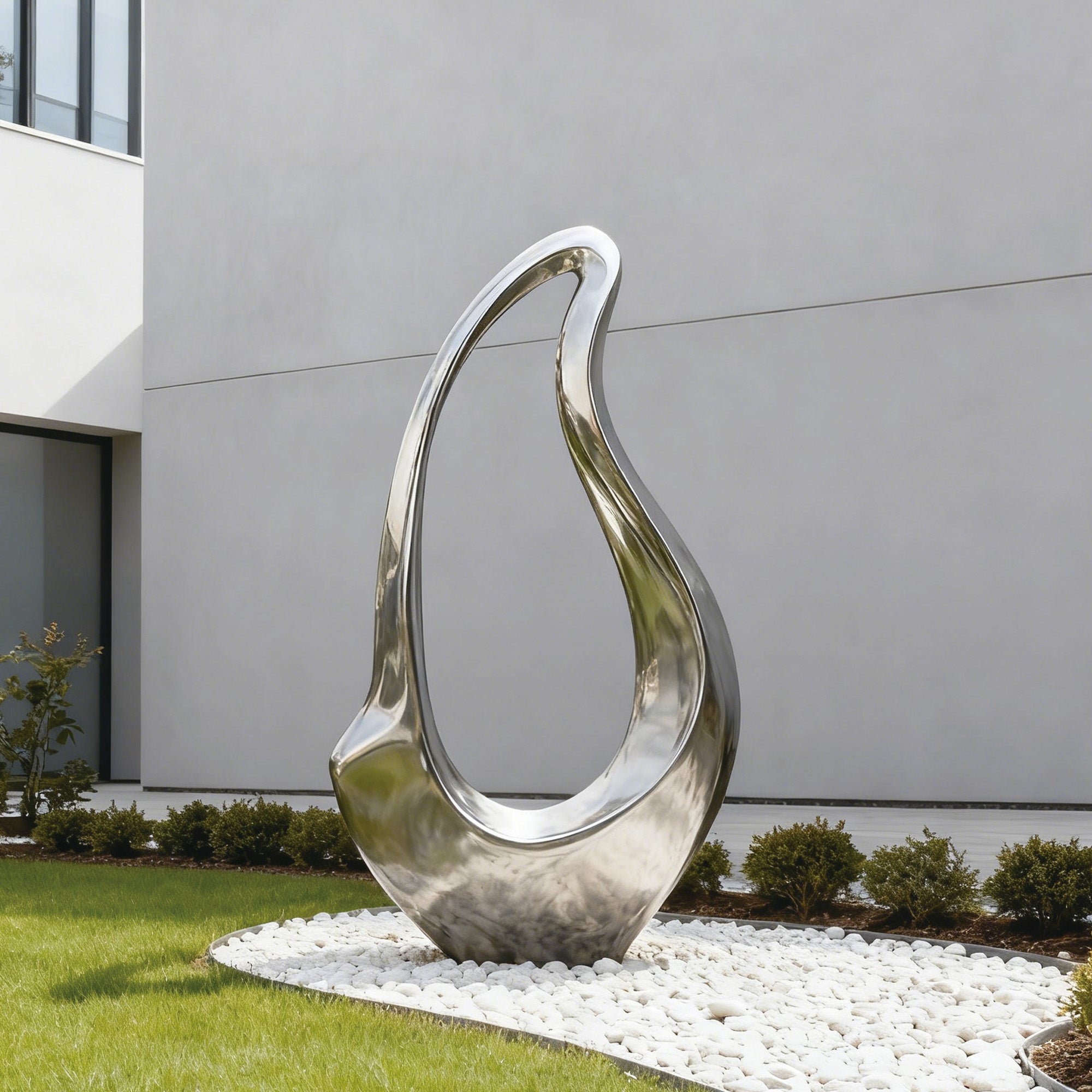 Modern mirror polished stainless steel sculpture with fluid abstract shape on white background, contemporary outdoor metal art for garden and villa courtyard decoration.