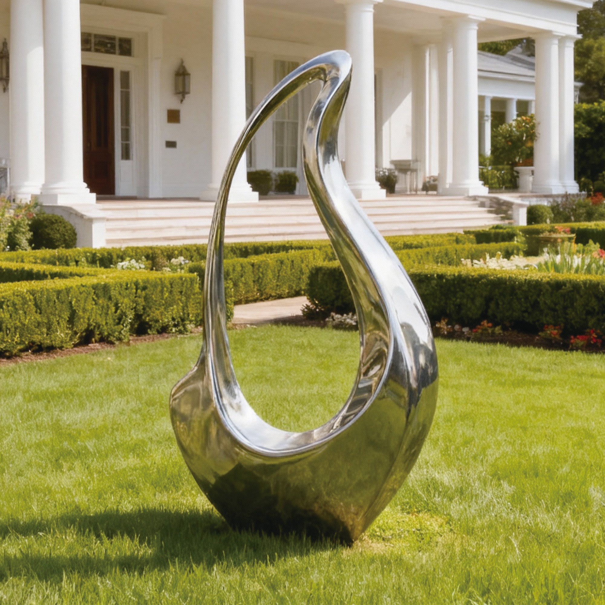 Contemporary stainless steel abstract sculpture with mirror finish installed on a luxury villa lawn, reflecting sunlight and greenery, ideal for modern garden or outdoor landscape art.