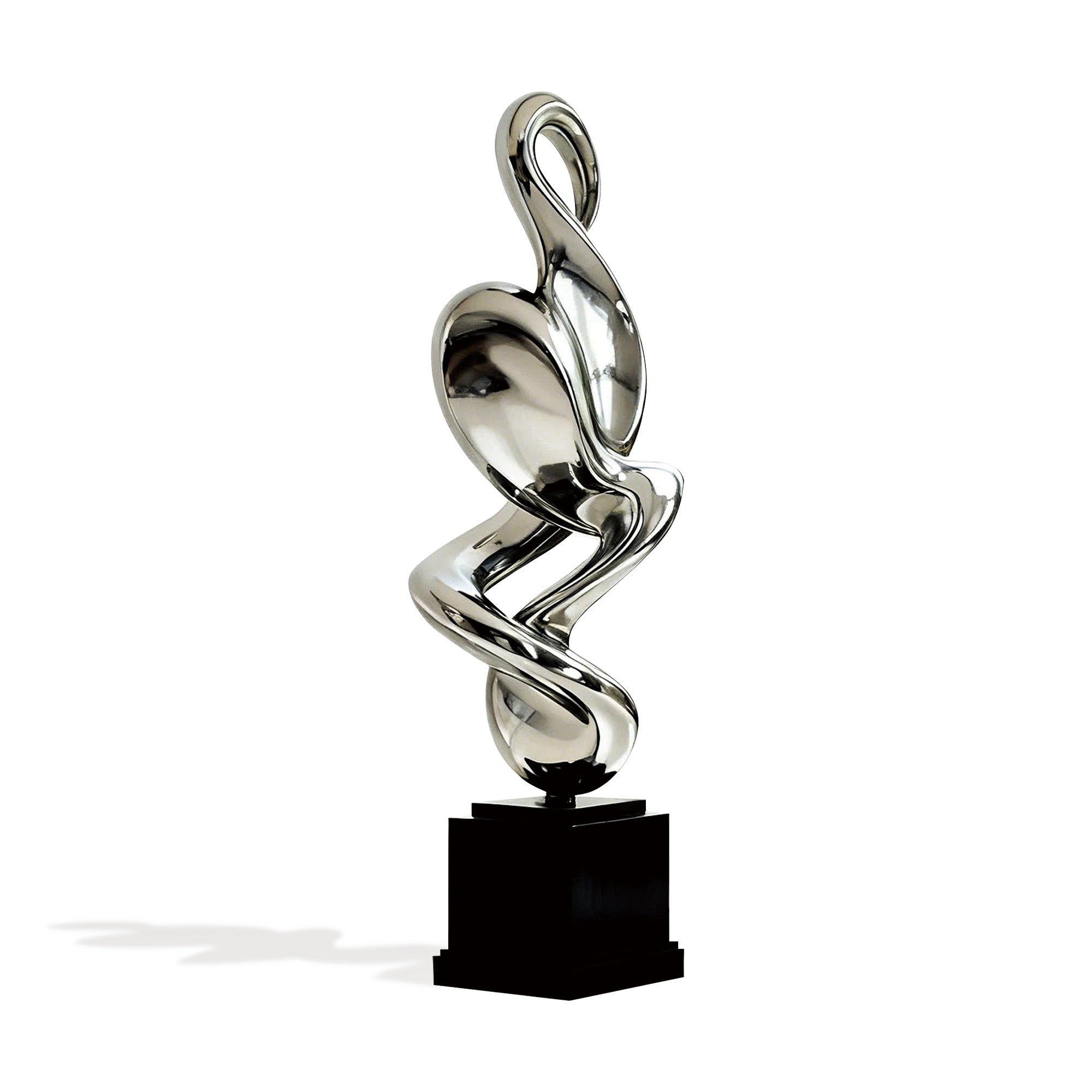 polished stainless steel abstract sculpture with fluid modern form displayed on black pedestal, luxury contemporary art piece