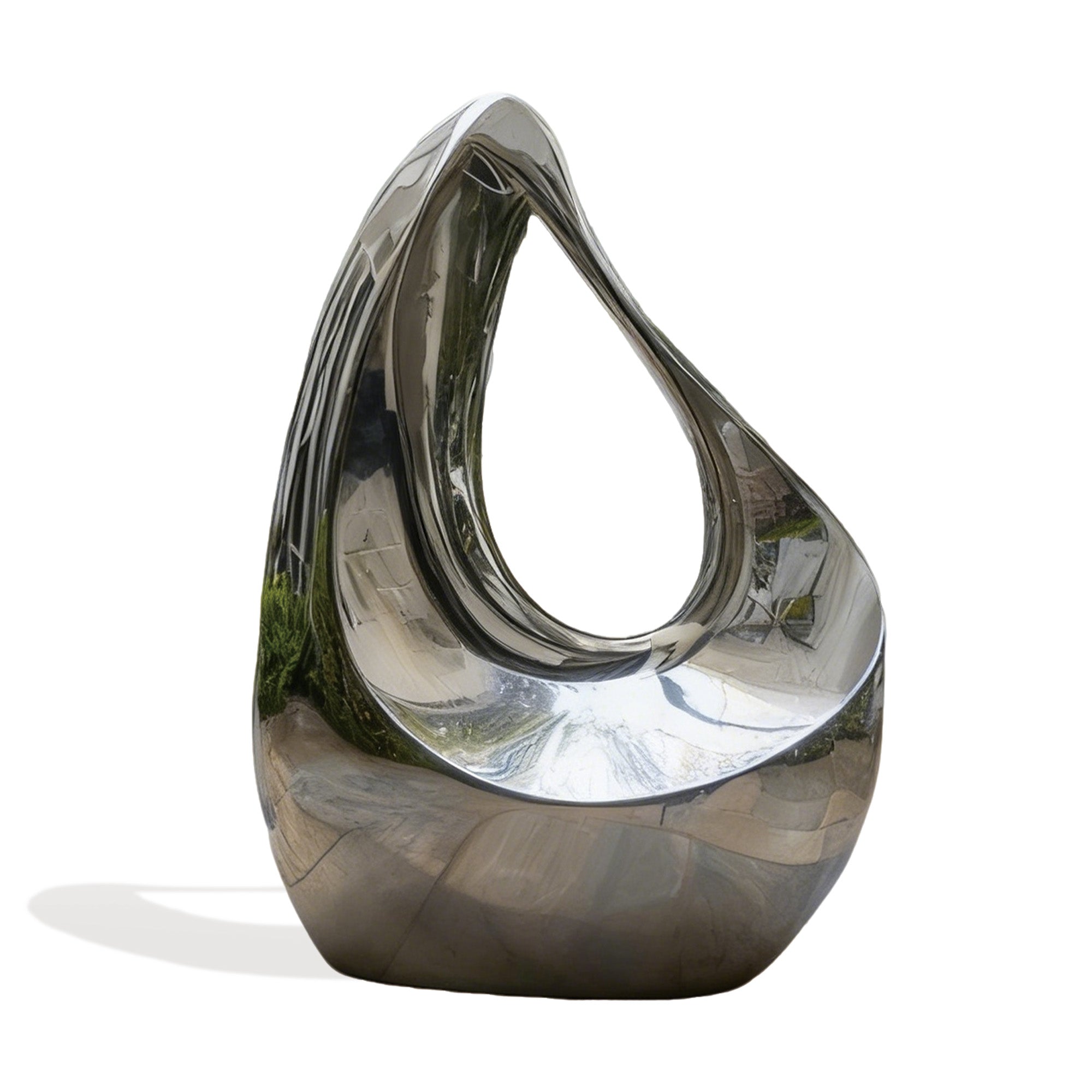 stainless steel abstract sculpture with organic hollow form, contemporary modern art piece