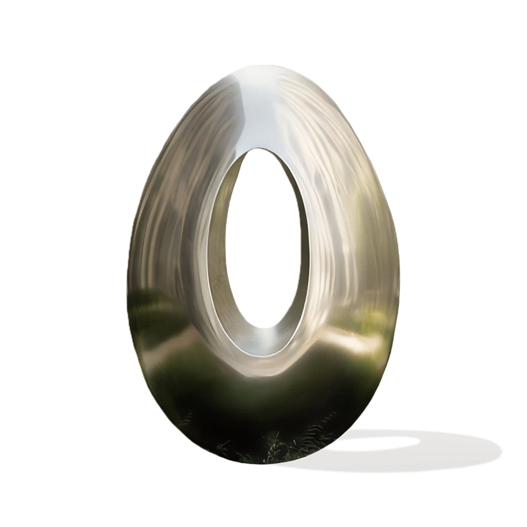 Veil of Infinity contemporary hairline stainless steel sculpture with oval form and central void on white background