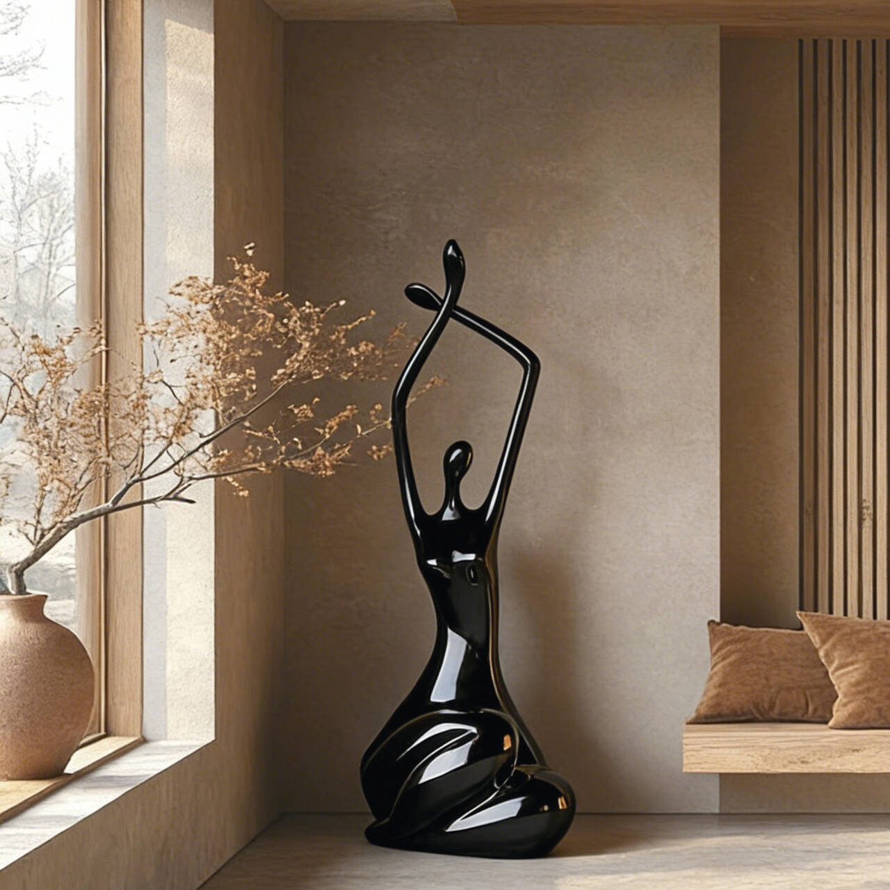 Black abstract figure sculpture representing elegant stretching posture, placed in a modern interior with neutral tones and natural light.
