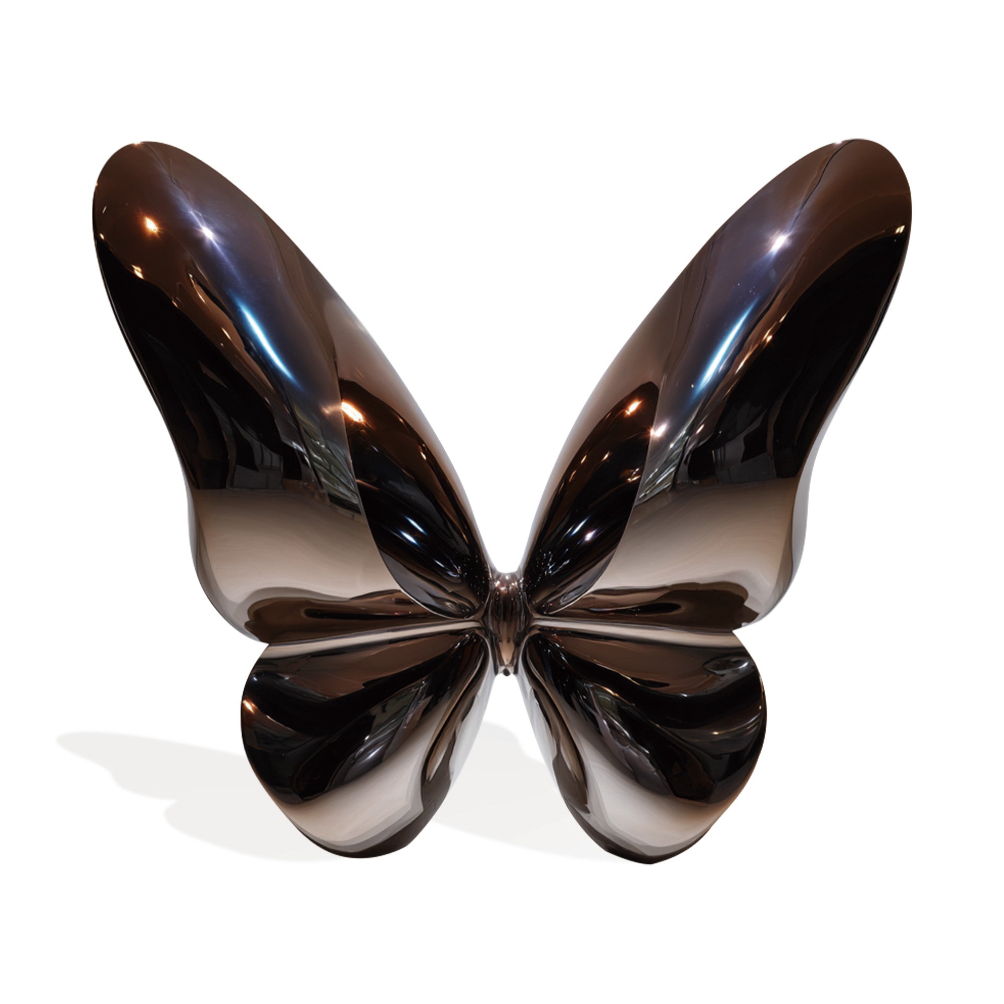 stainless steel butterfly sculpture on a white background