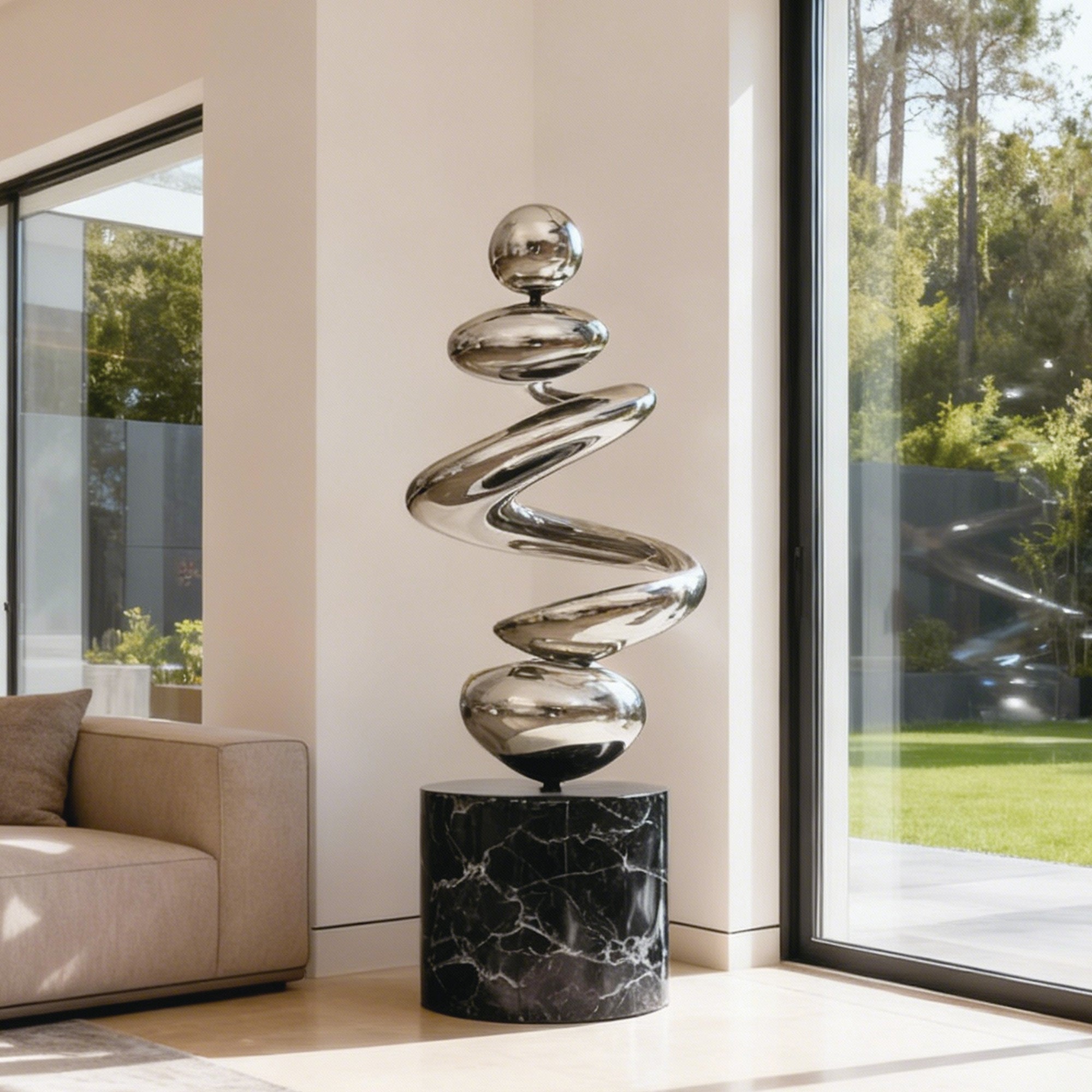 Modern stainless steel sculpture on a black marble base in a living room setting