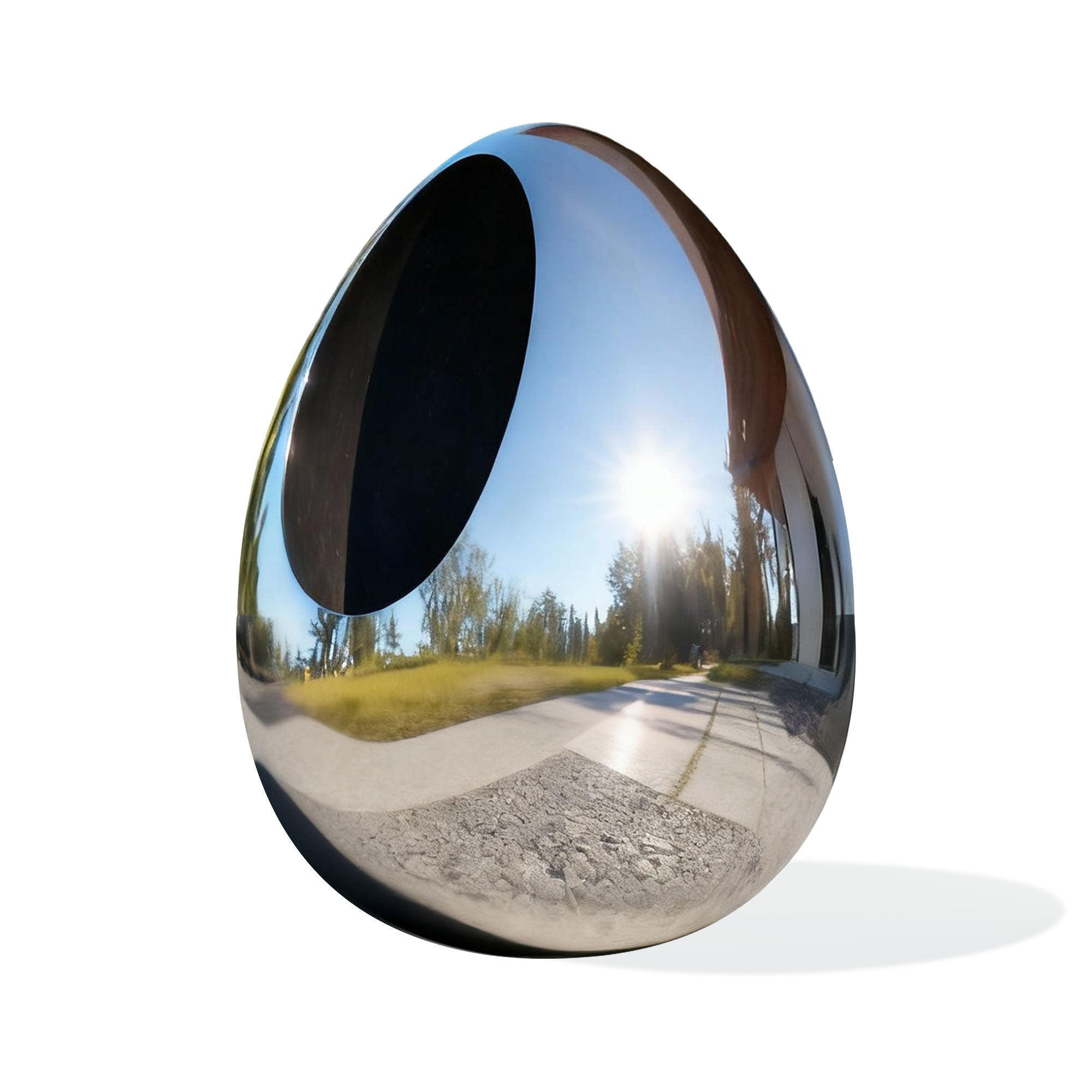 Reflective metal sphere with a scenic reflection on a white background