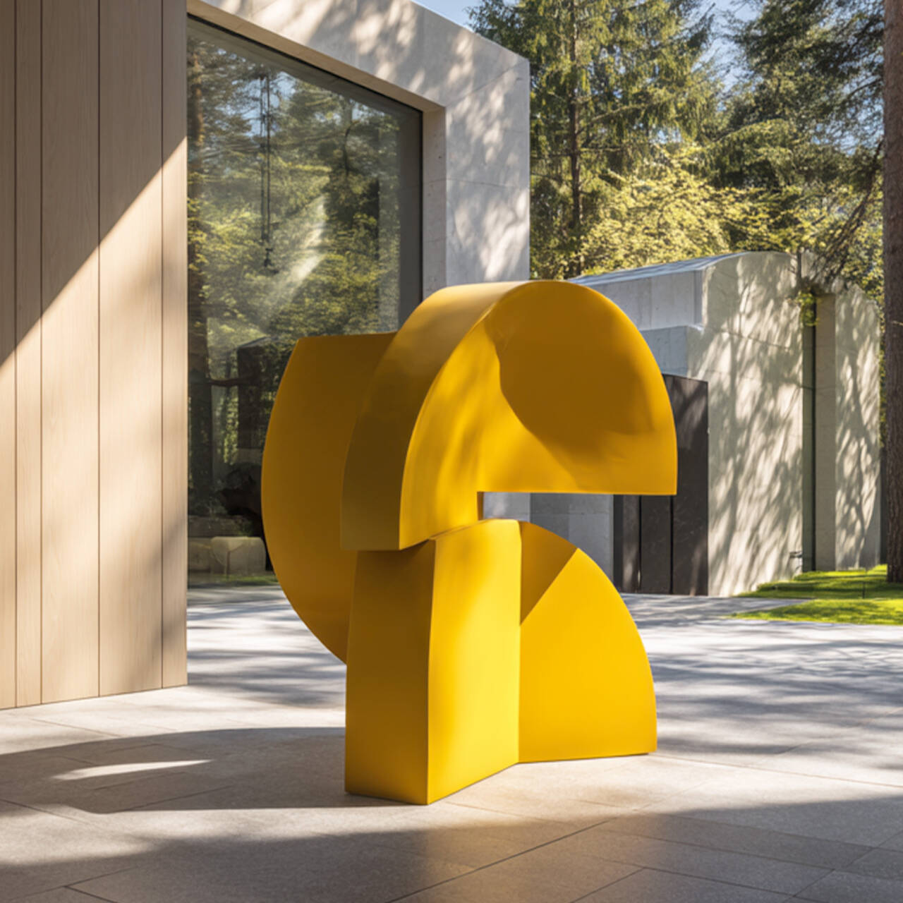 Yellow abstract sculpture in front of a modern building with trees in the background
