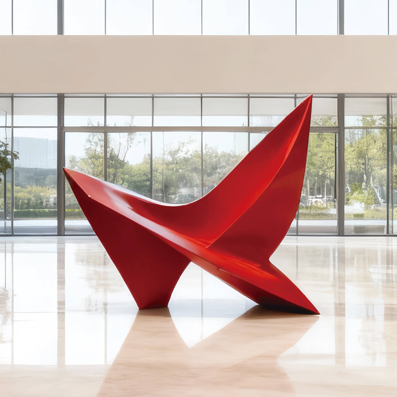 Red modern abstract sculpture in a bright room with large windows
