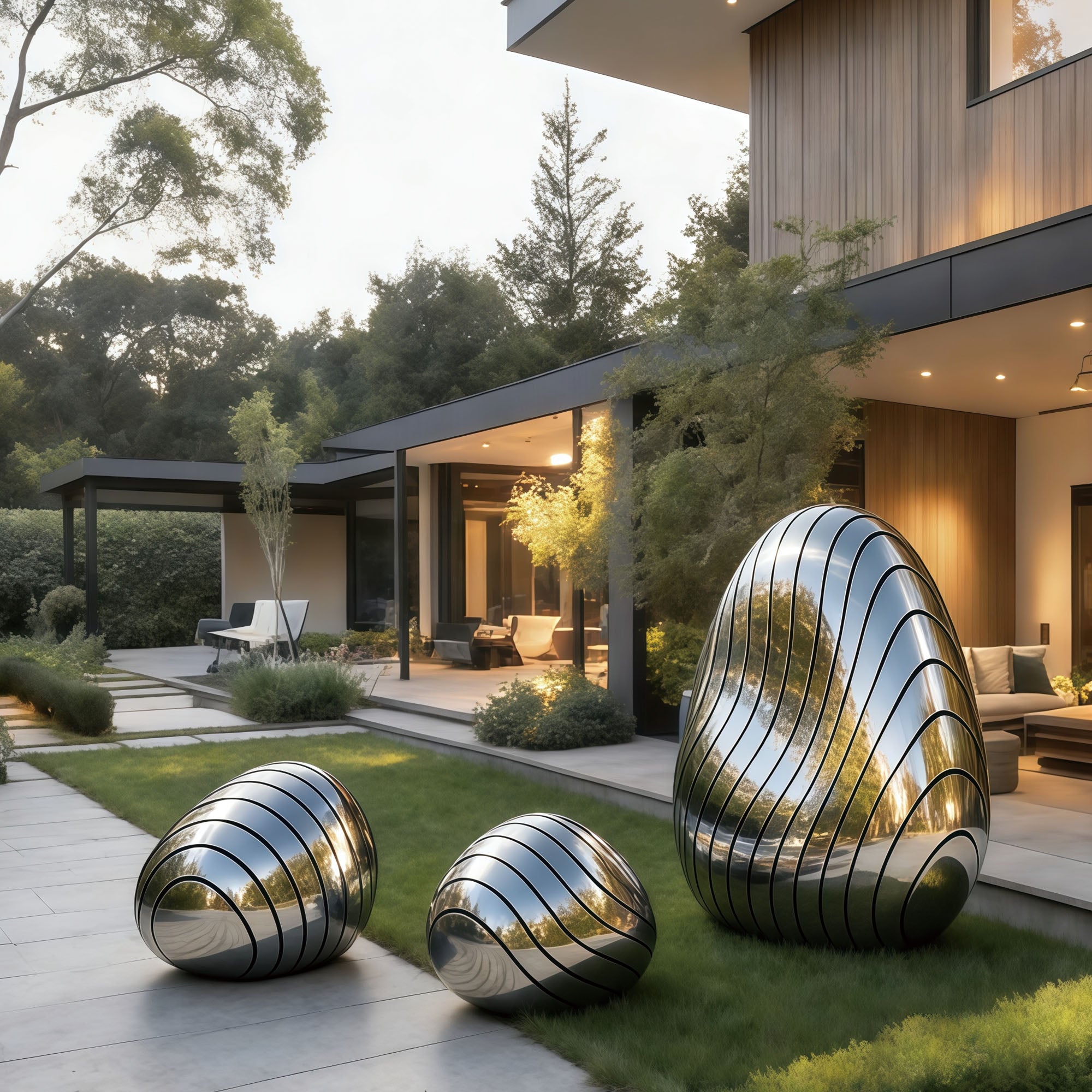 Mirror polished stainless steel garden sculpture set of three abstract pebble shapes on a luxury estate lawn in front of a modern villa, reflective outdoor art