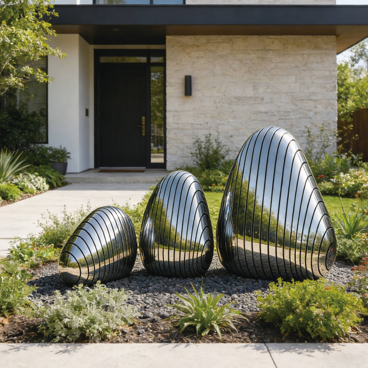 Abstract stainless steel outdoor sculpture placed at a modern home entrance, mirror finish reflecting greenery and architectural lines