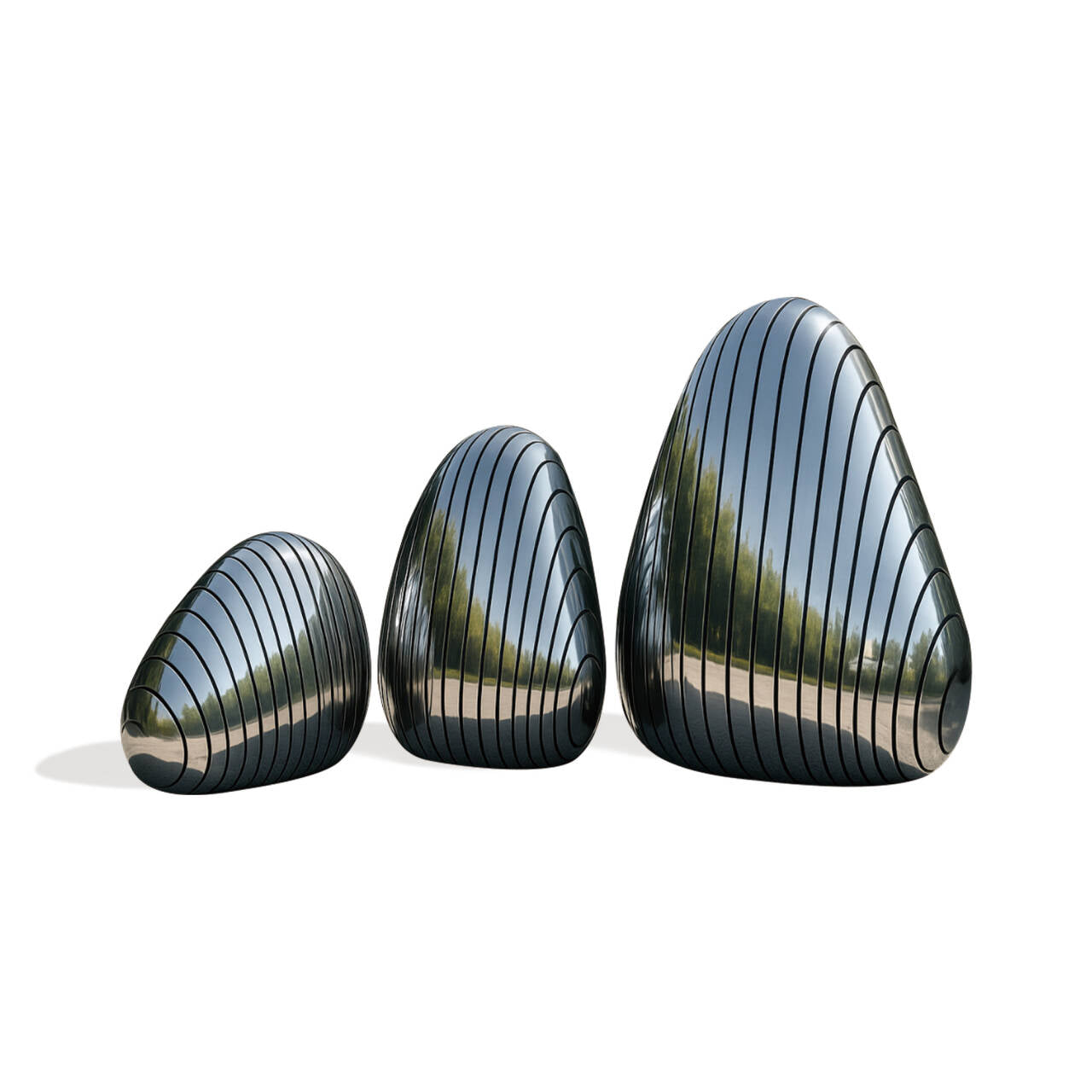 Abstract stainless steel sculpture three-piece set with mirror polished finish, contemporary outdoor garden art for private estates
