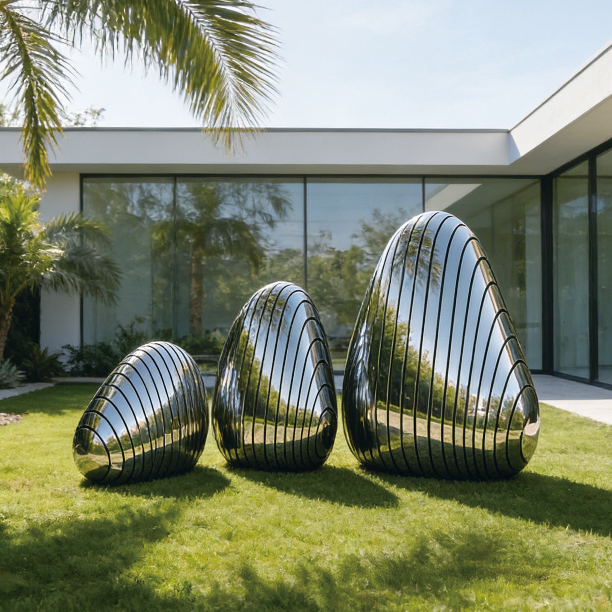 Mirror polished stainless steel garden sculpture three-piece set installed on a luxury villa lawn, reflecting trees, sky, and modern architecture