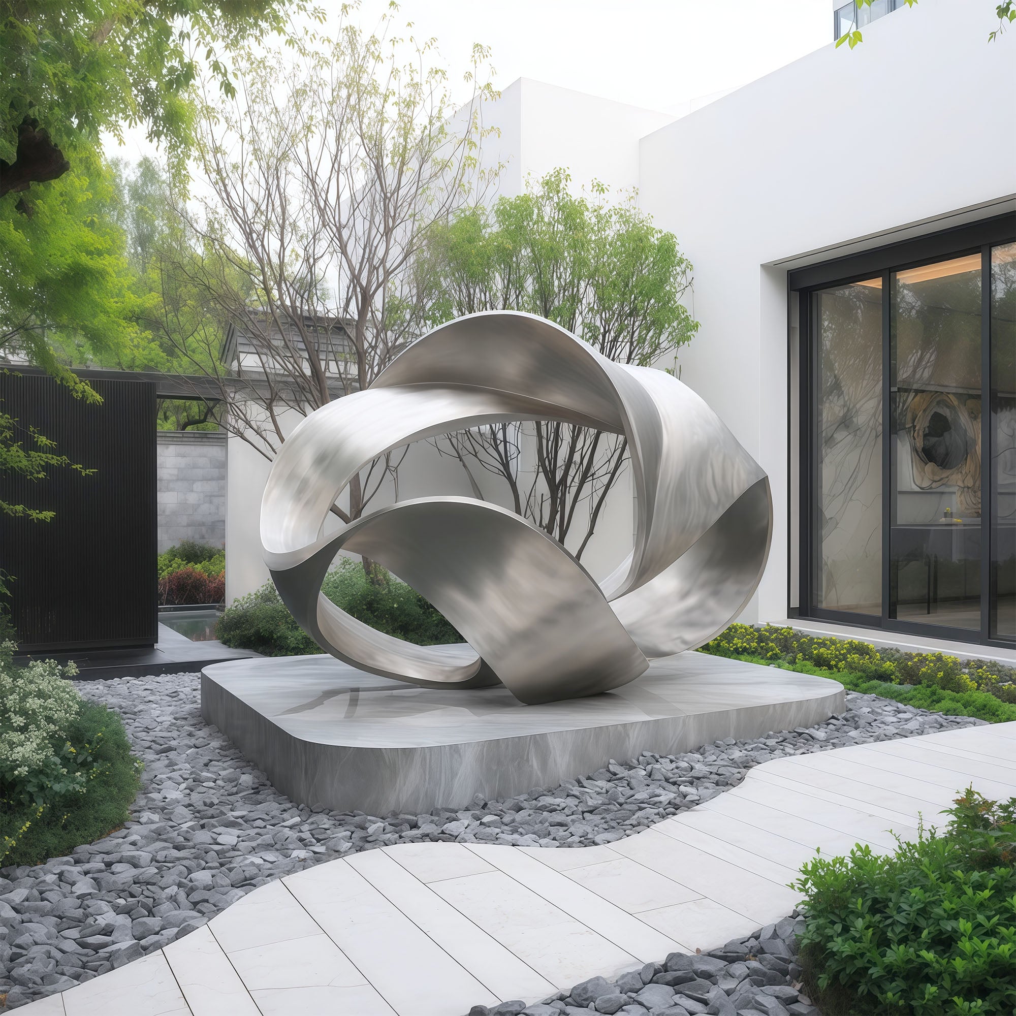 Abstract stainless steel sculpture with hairline finish displayed in a modern outdoor setting, featuring a flowing infinity-inspired form and contemporary artistic design.