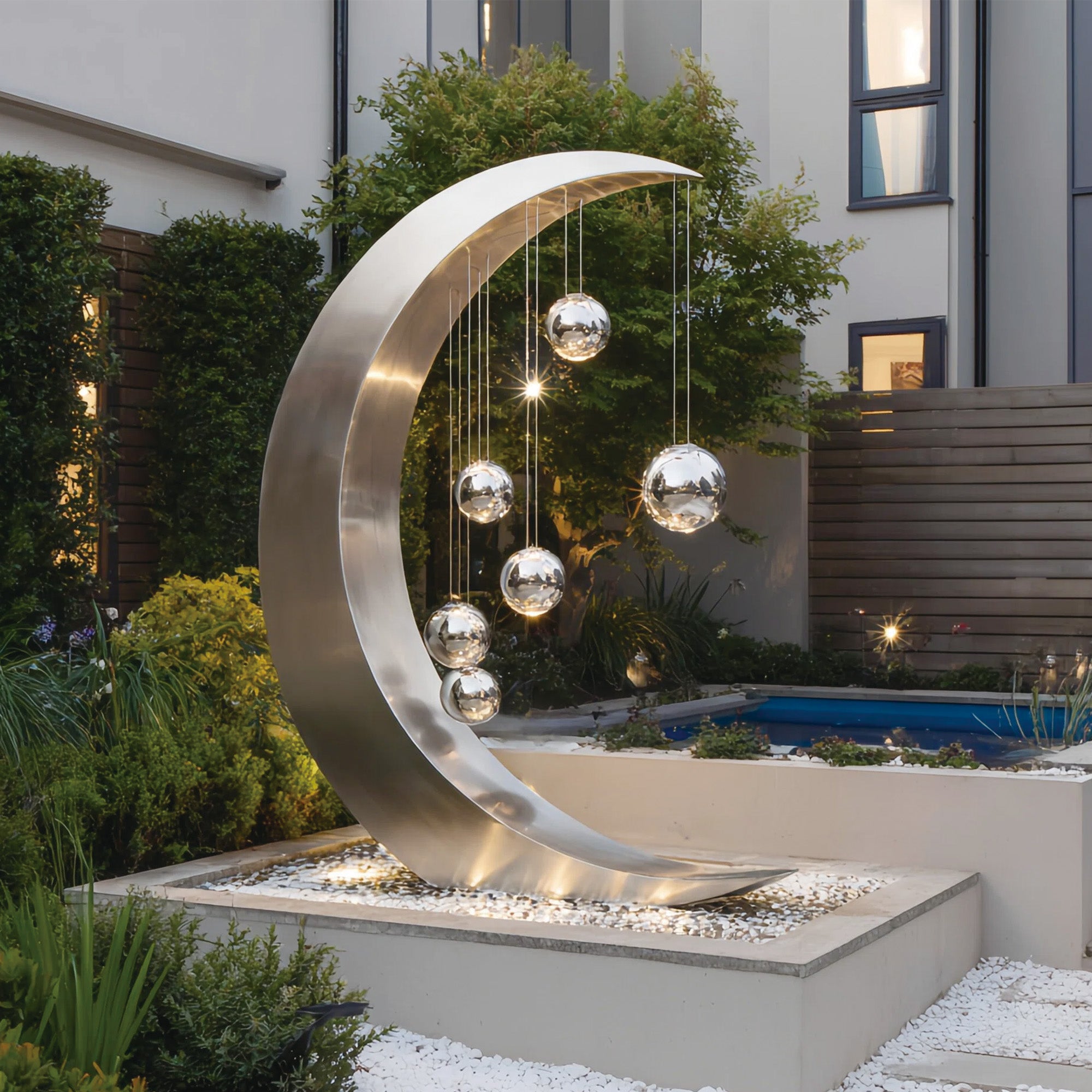Moon-inspired stainless steel crescent sculpture placed in a modern garden, featuring a brushed metal finish and suspended spheres that reflect natural light and surrounding greenery.