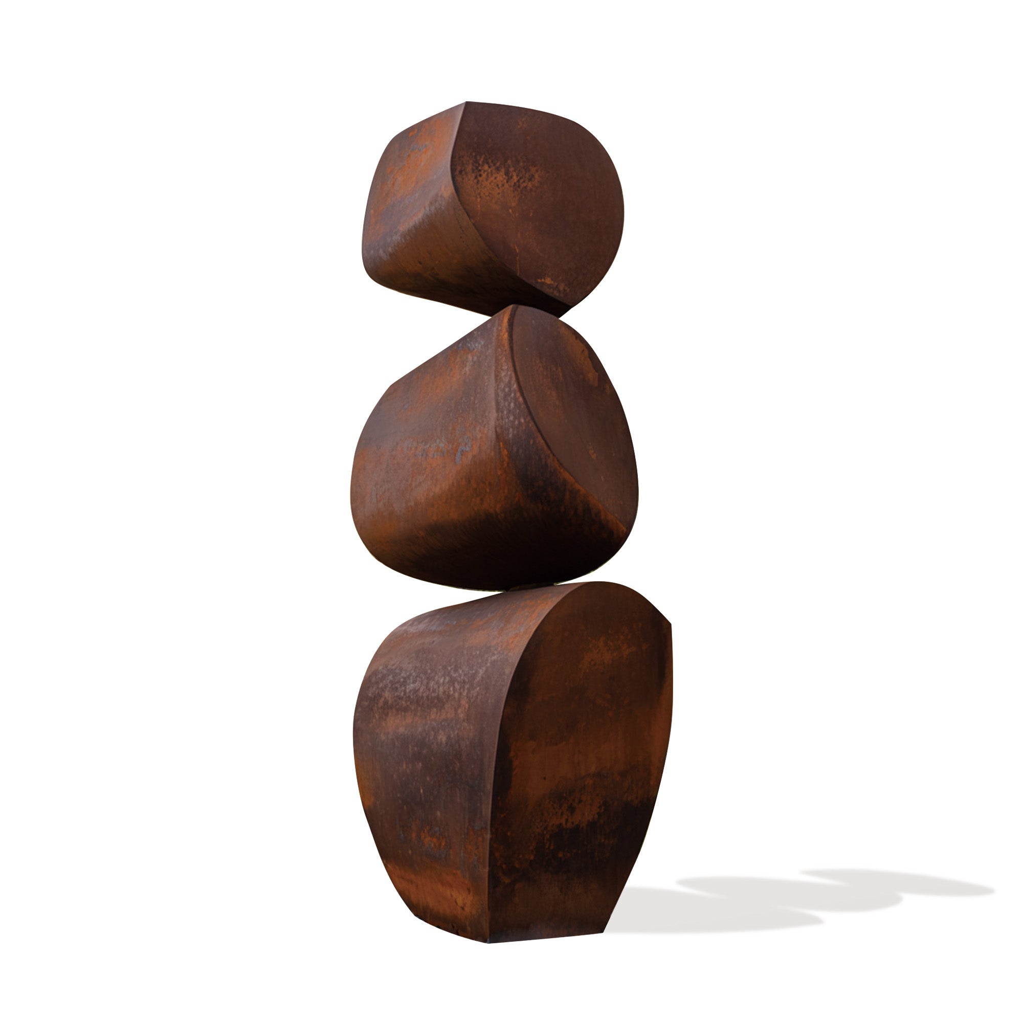 Weathering steel modern abstract outdoor sculpture stacked form isolated on white background