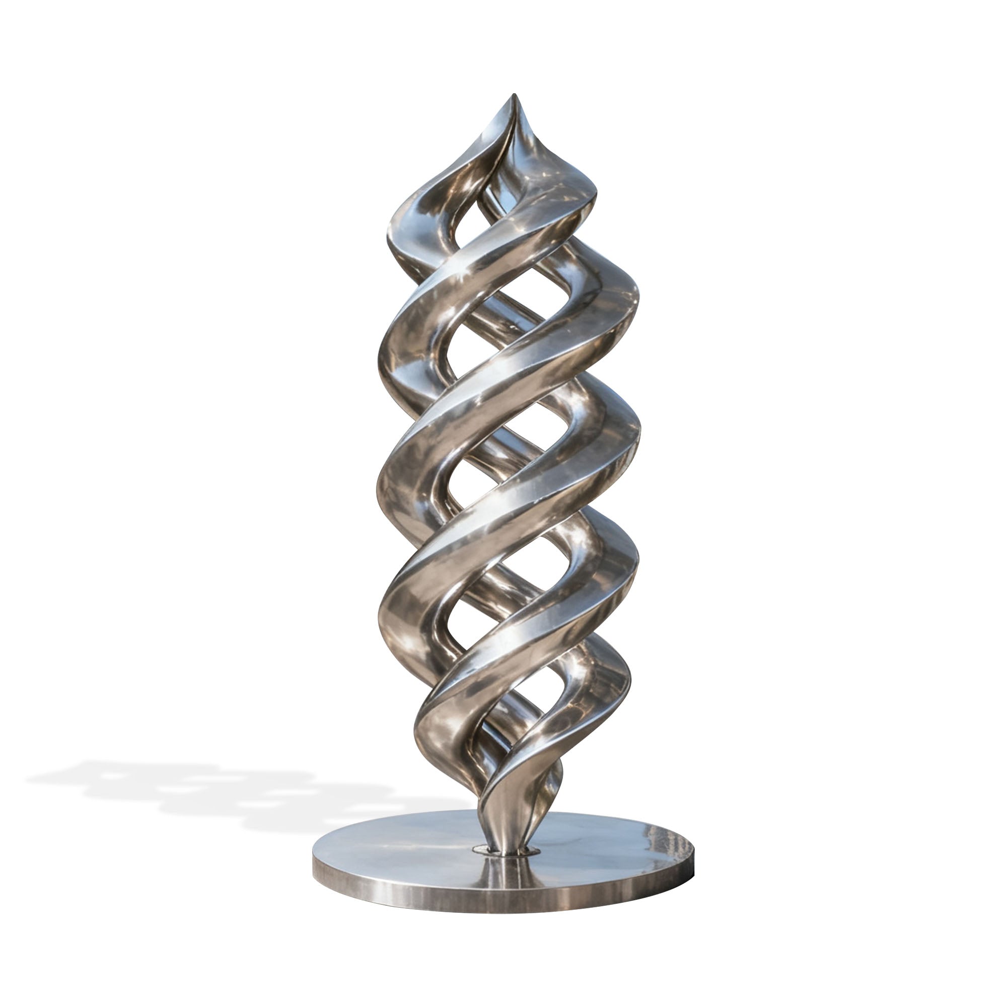 Studio view of FINEST “Mirror Dance” FS-243 mirror polished stainless steel helix sculpture with a round base