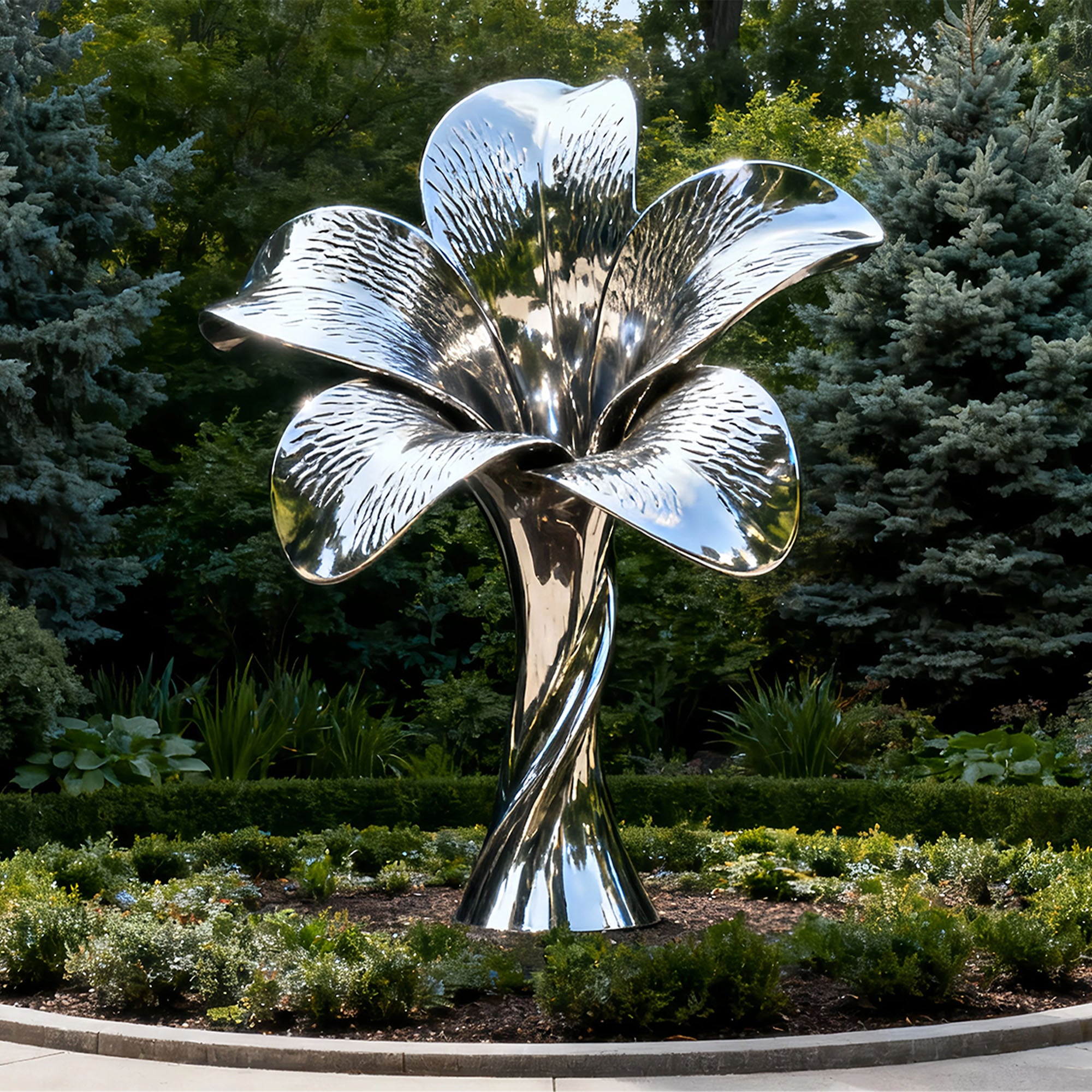 Mirror polished stainless steel flower sculpture installed as an outdoor garden centerpiece among trees and landscaping