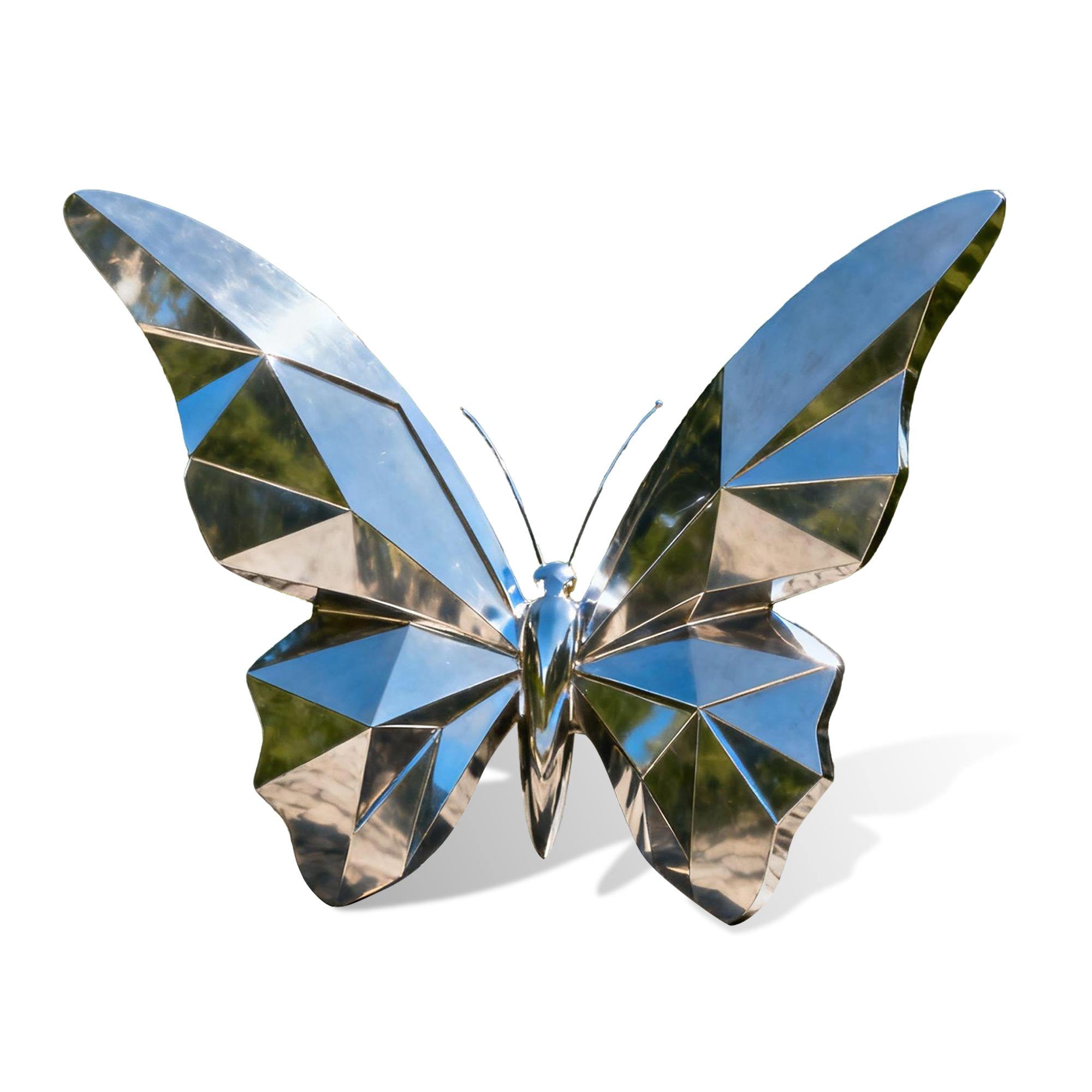 Stainless steel butterfly sculpture on white background, showing detailed geometric facets and polished reflective surfaces, product showcase image