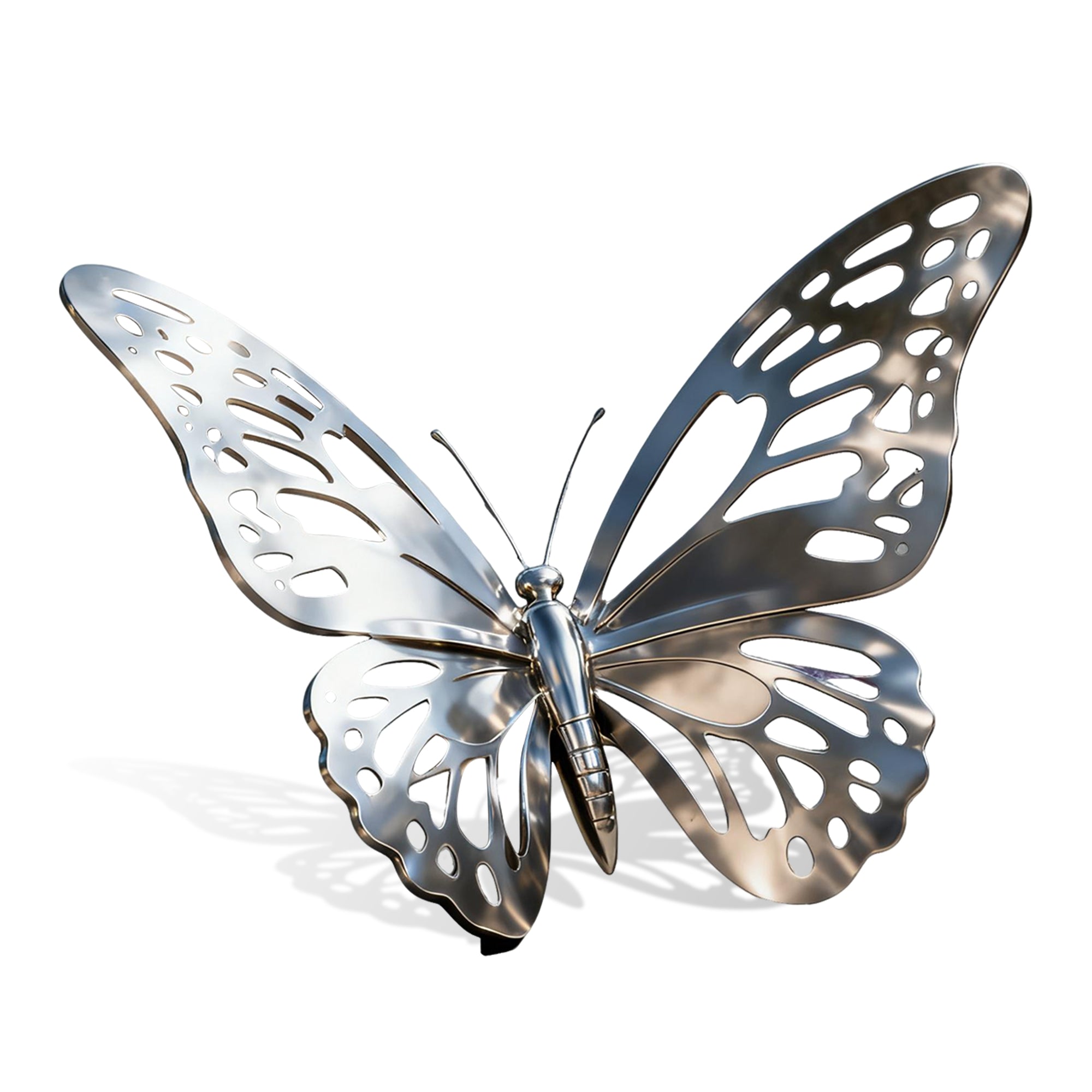 Hollow stainless steel butterfly sculpture on white background, showing detailed cut-out wing design and hairline surfaces