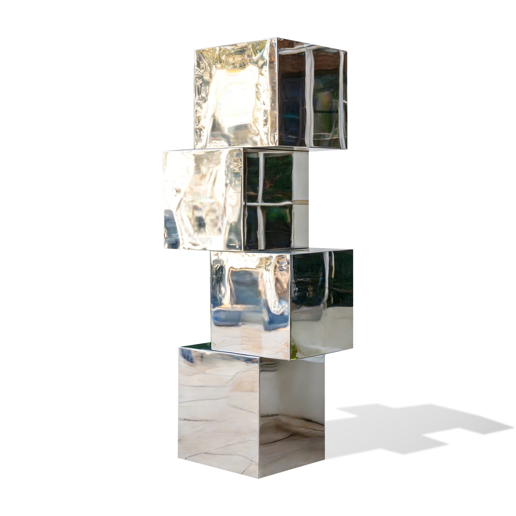 Stainless steel mirror finish abstract cube sculpture with stacked geometric blocks, modern metal art sculpture displayed on black base for contemporary outdoor design