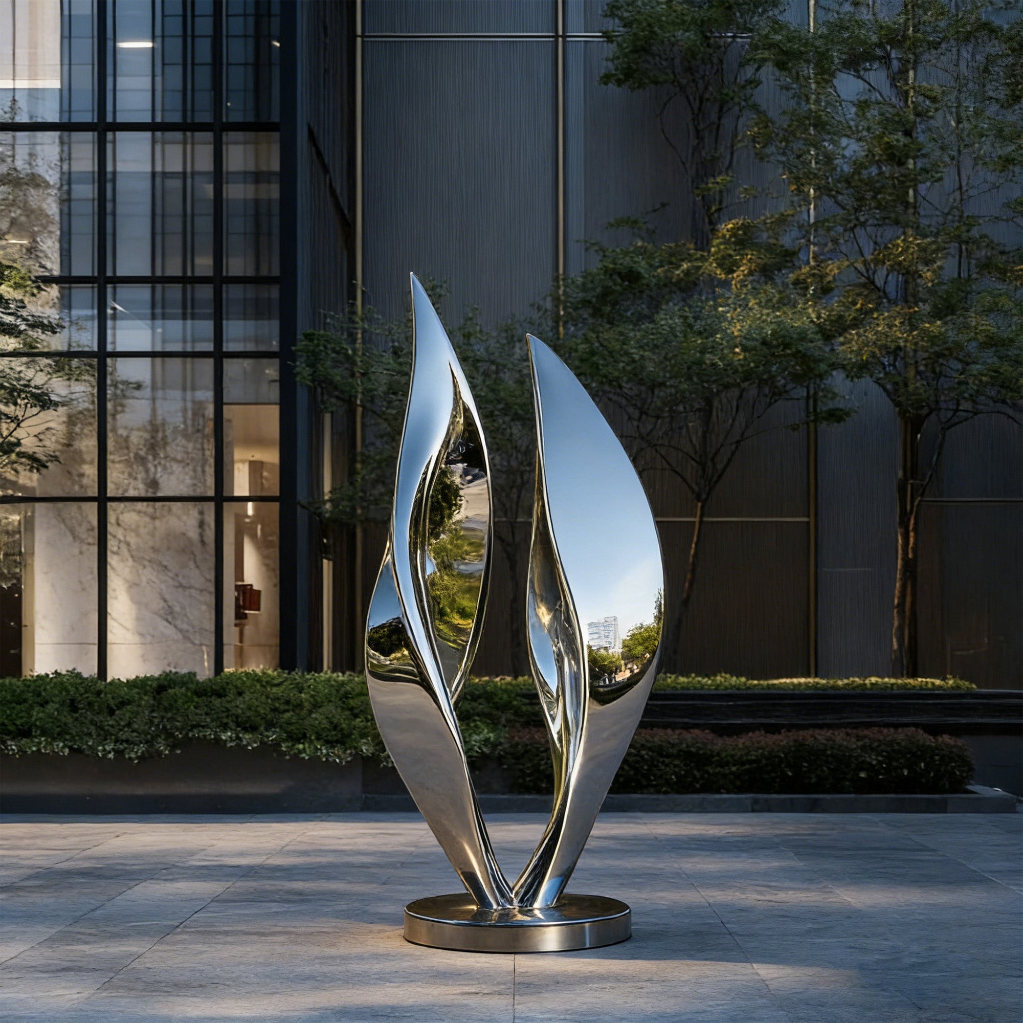 A dynamic modern stainless steel sculpture featuring flowing curves and a reflective mirror finish. Perfect for contemporary interiors, adding vitality and movement to luxury spaces.