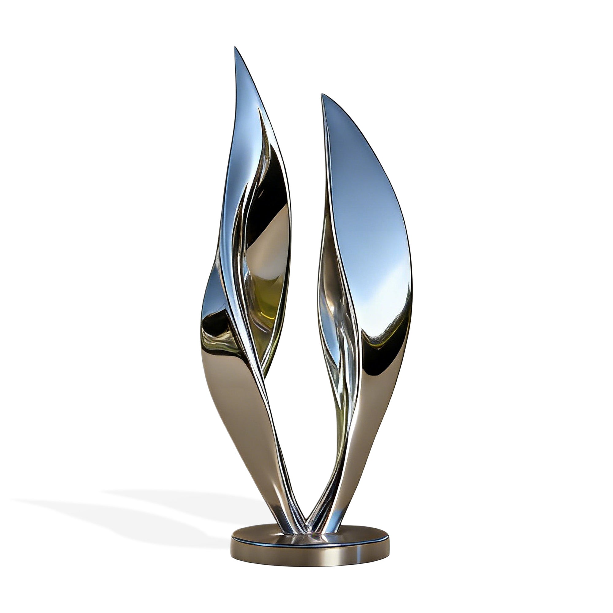 A vibrant stainless steel abstract sculpture in an outdoor setting, its flowing curves capturing the surrounding light and energy. Ideal for modern urban spaces, luxury gardens, and commercial installations.