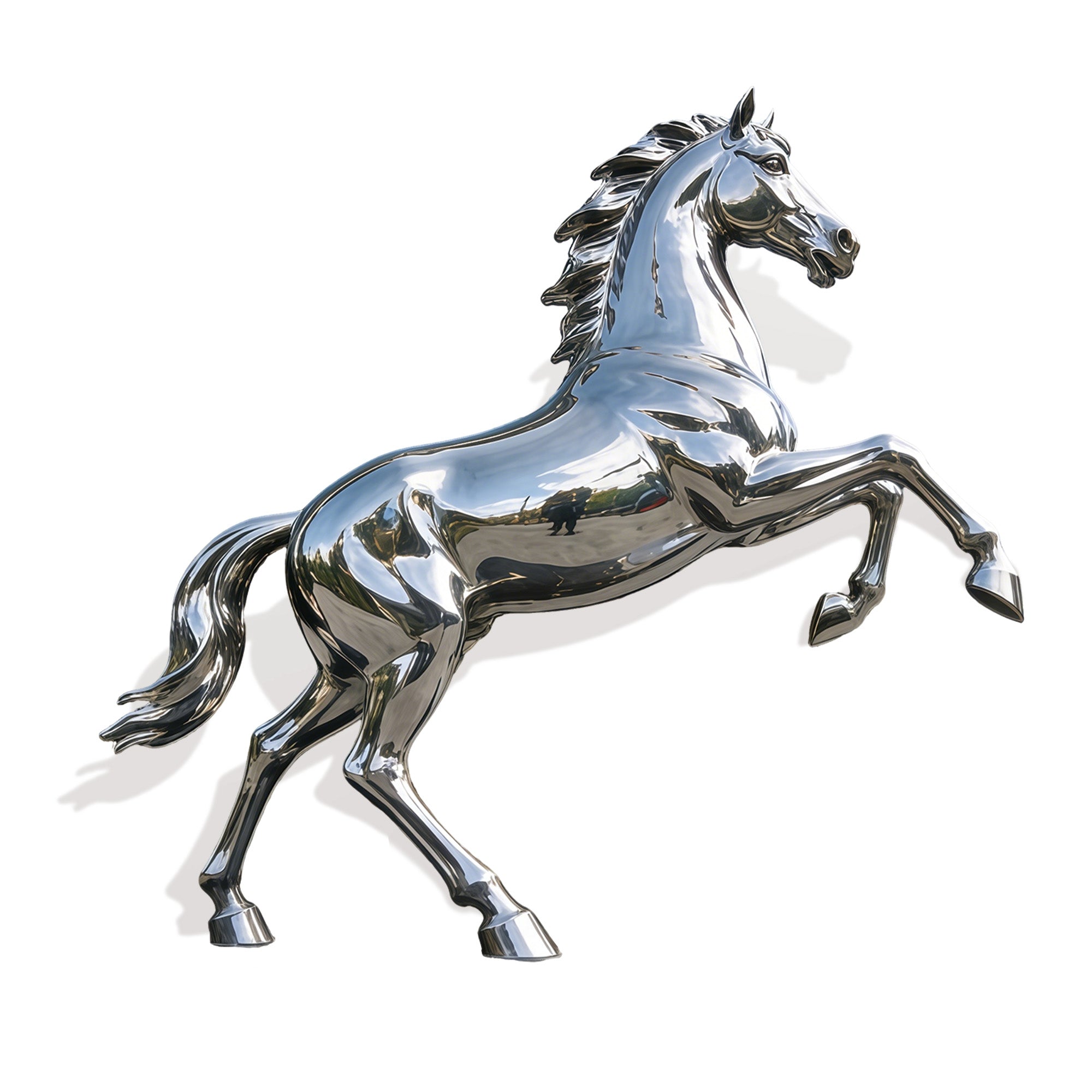 Stainless steel mirror finish horse sculpture displayed in atrium setting, modern reflective floor art with elegant rearing pose