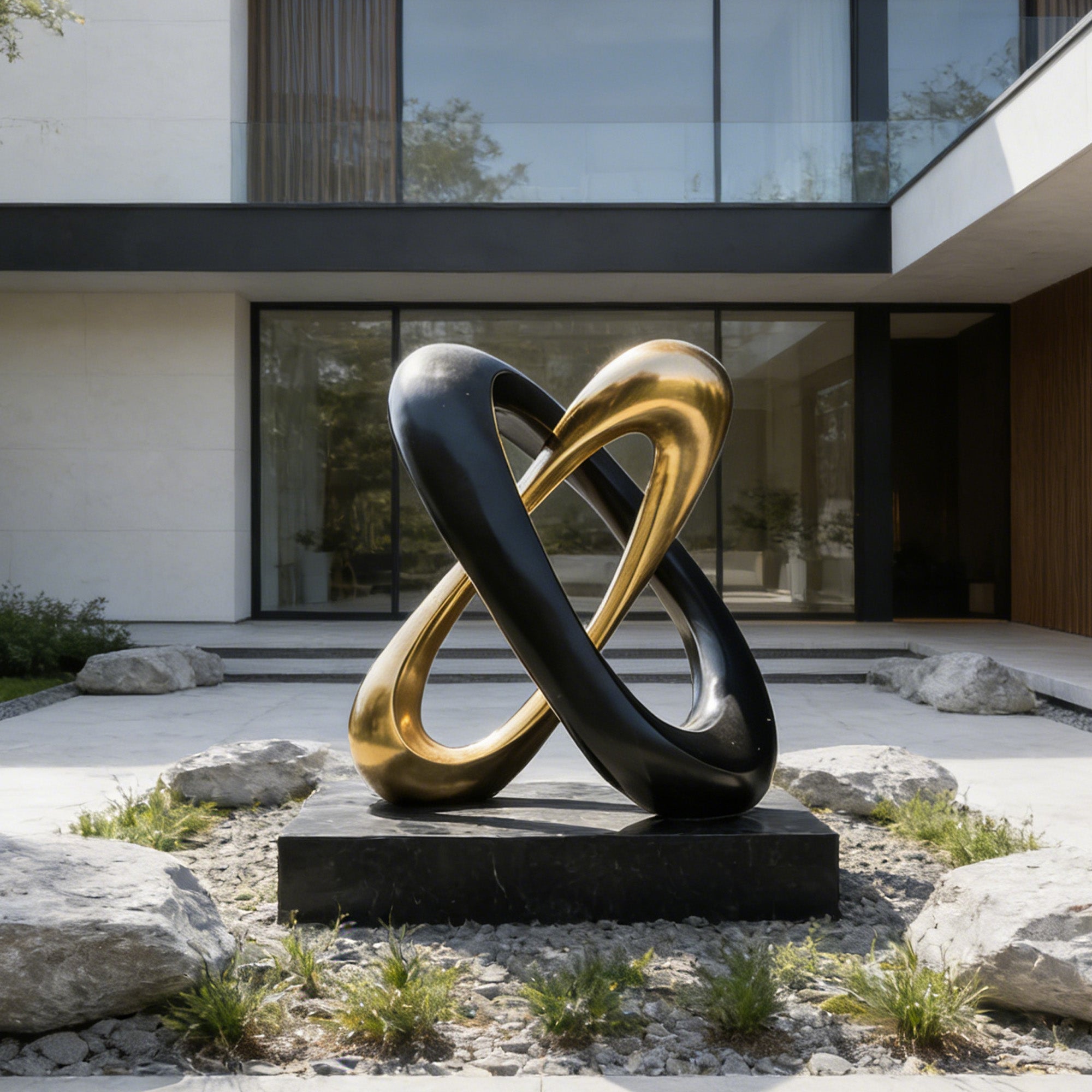 Outdoor installation of a black and gold stainless steel abstract sculpture in a garden setting with rocks and plants.