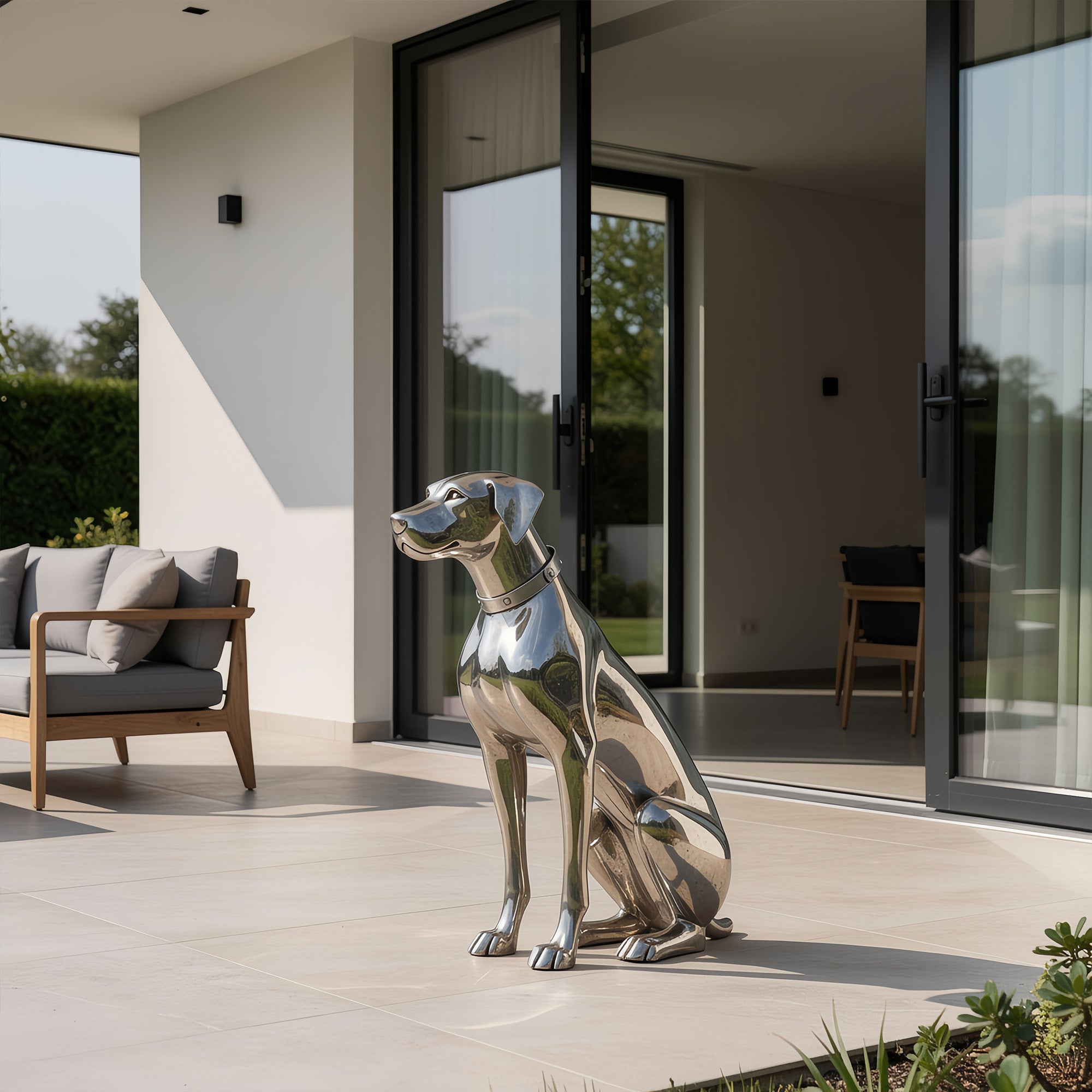 Reflective stainless steel dog sculpture installed in a luxury garden setting, complementing modern outdoor spaces and adding elegance to environment.