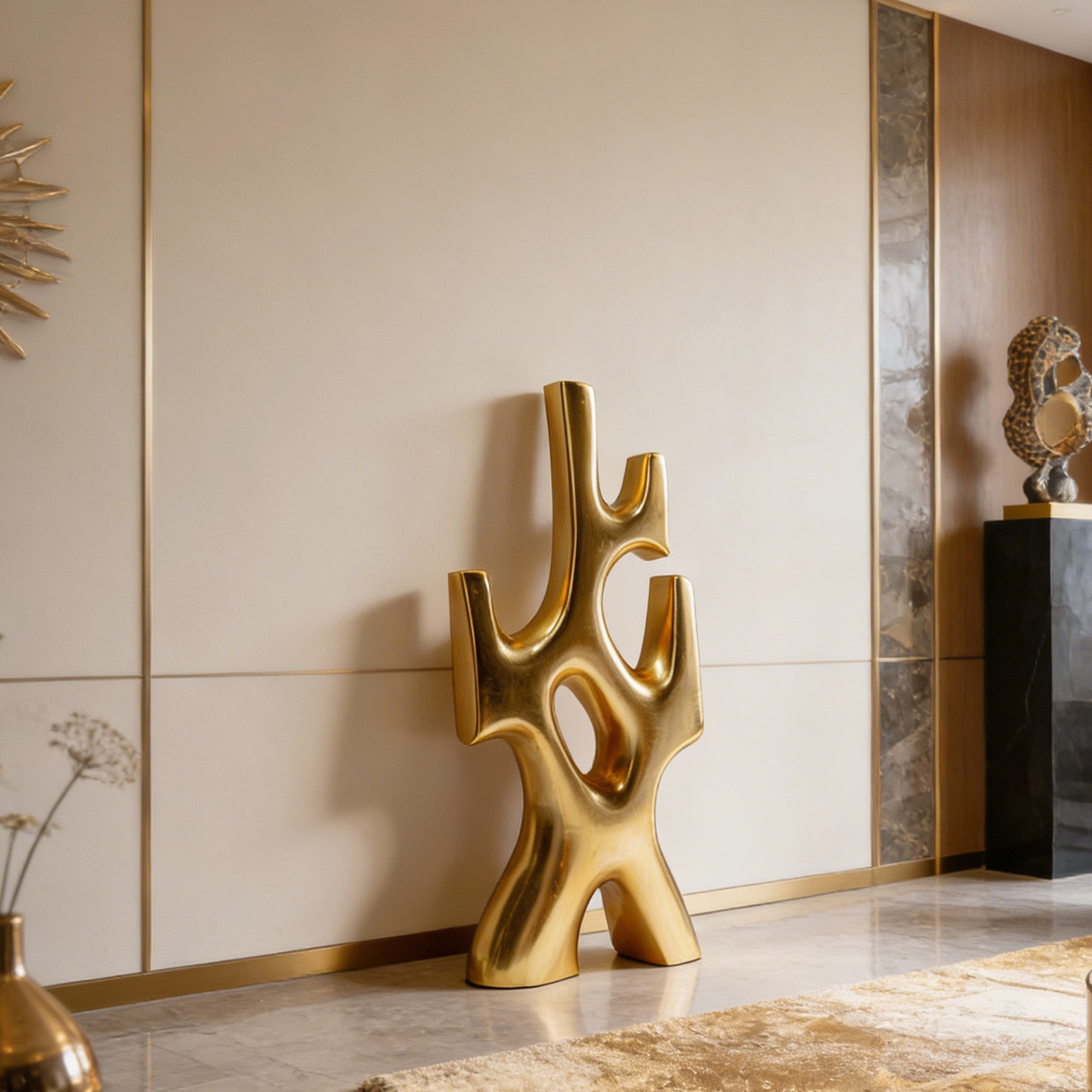 Modern abstract stainless steel sculpture with gold finish, elegantly displayed in a luxury interior, enhancing contemporary home decor with bold artistic presence.