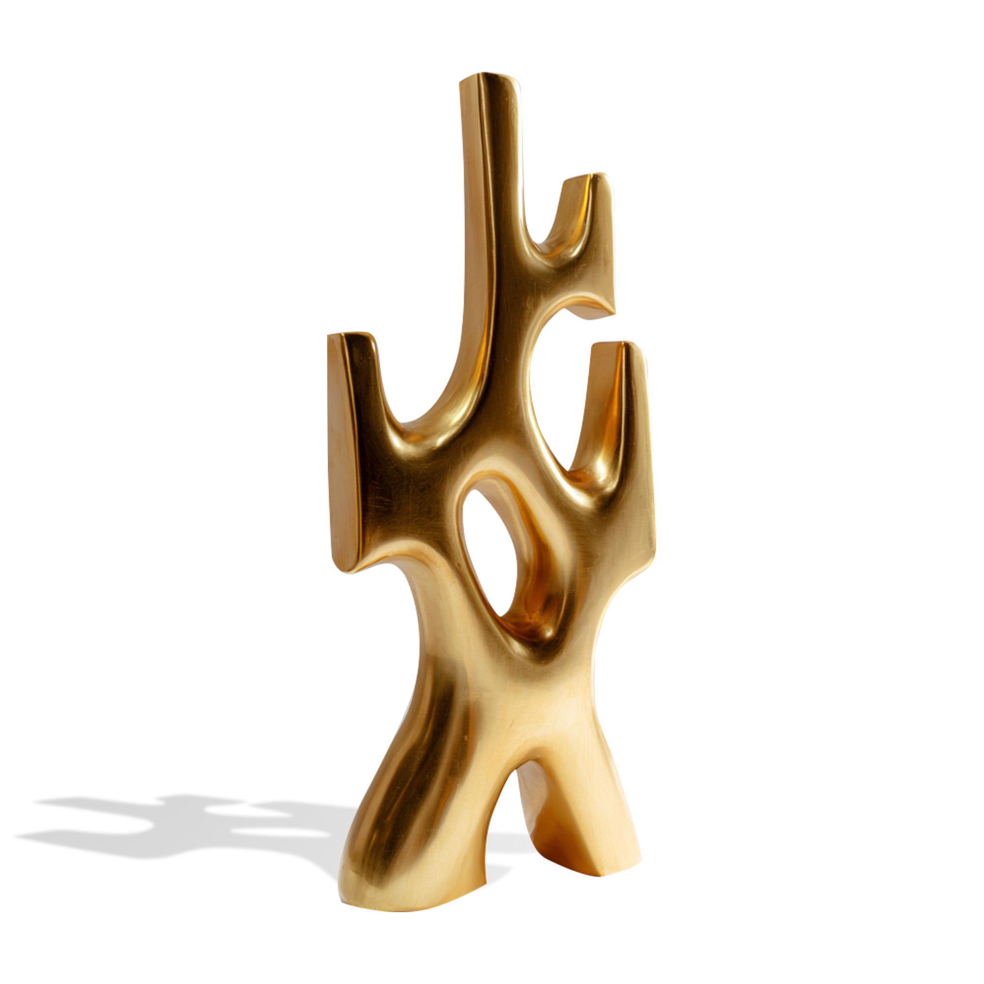 Abstract modern stainless steel sculpture with a polished golden bronze finish, featuring organic, flowing curves. Perfect for contemporary home decor and luxury art collections.