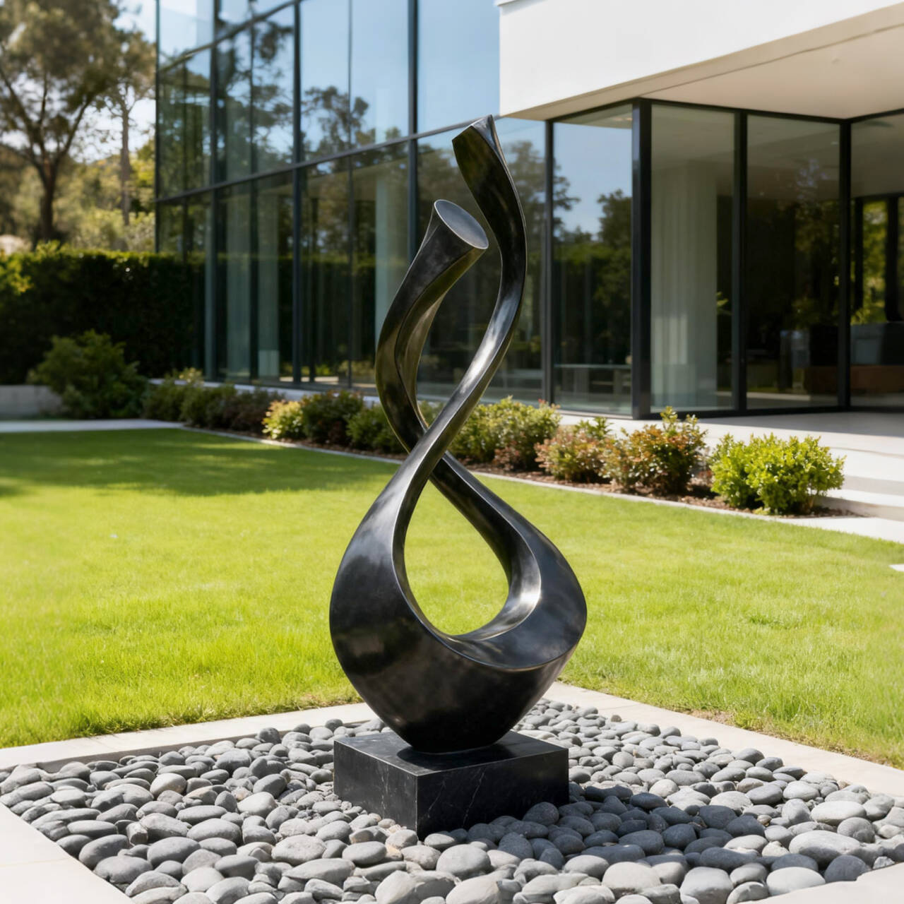 Abstract sculpture on pebbles with modern building in the background