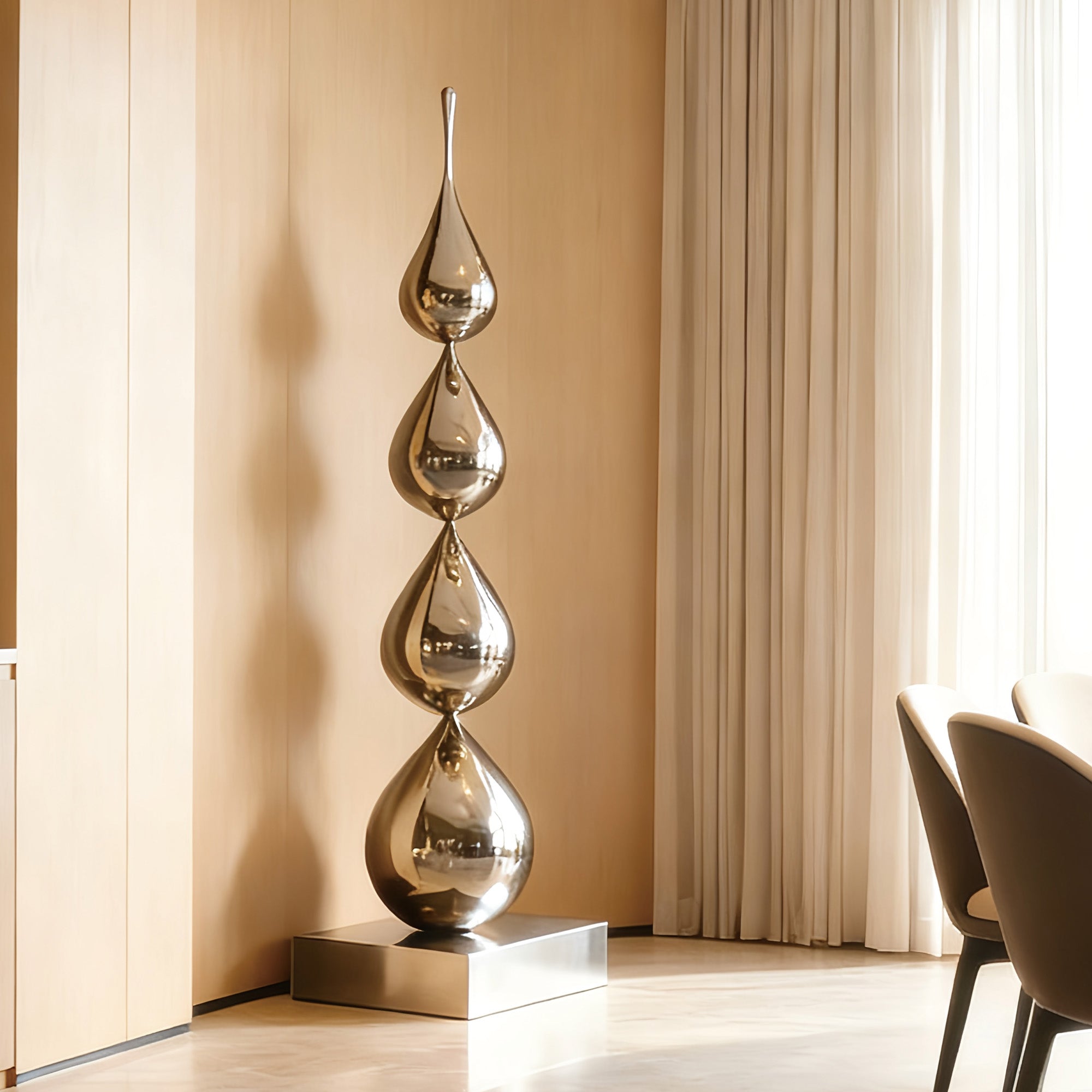 Decorative metallic stainless steel sculpture in a modern interior setting